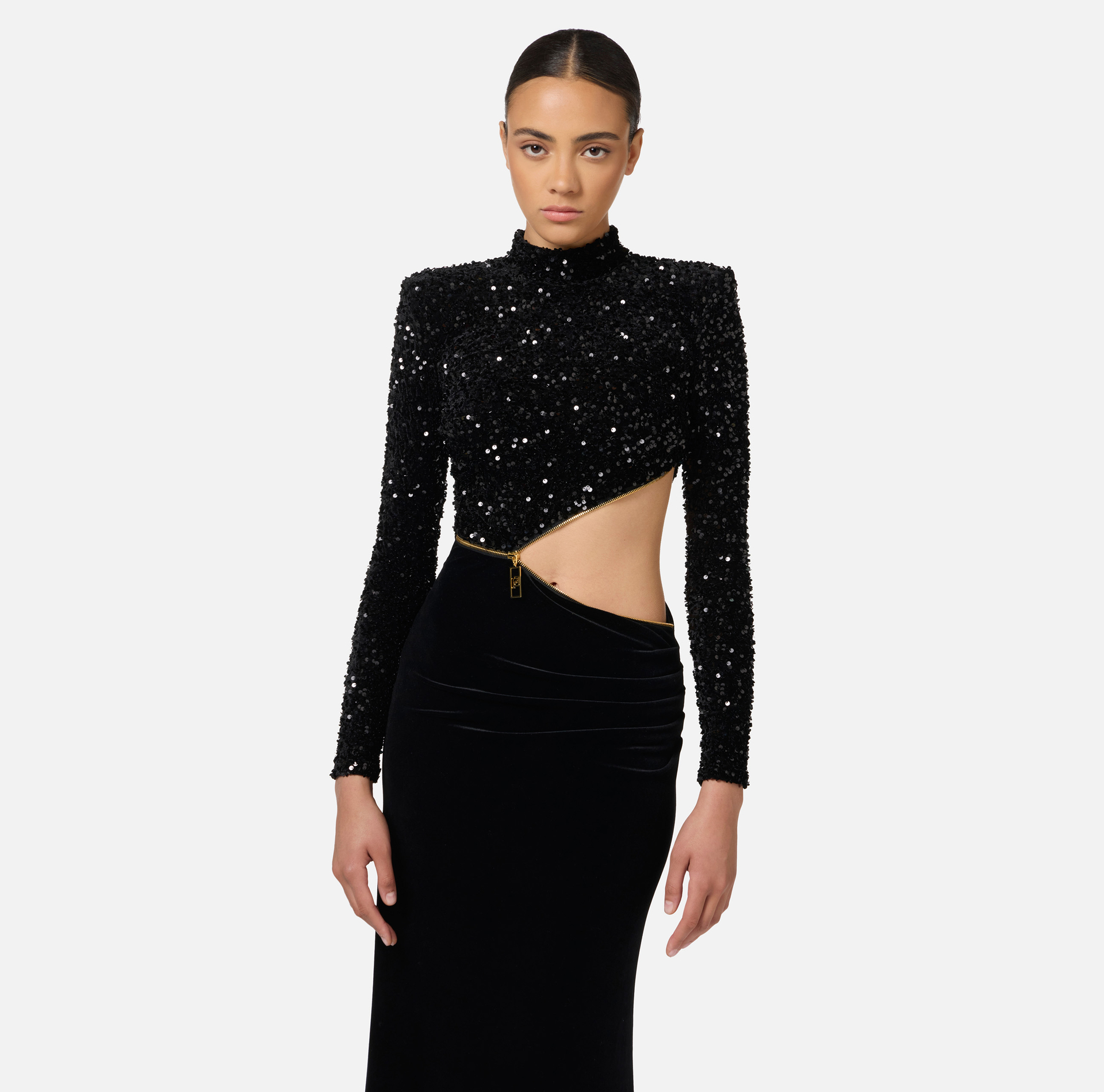 Robe Red Carpet en chenille brodée de sequins avec découpe | Elisabetta Franchi® Outlet