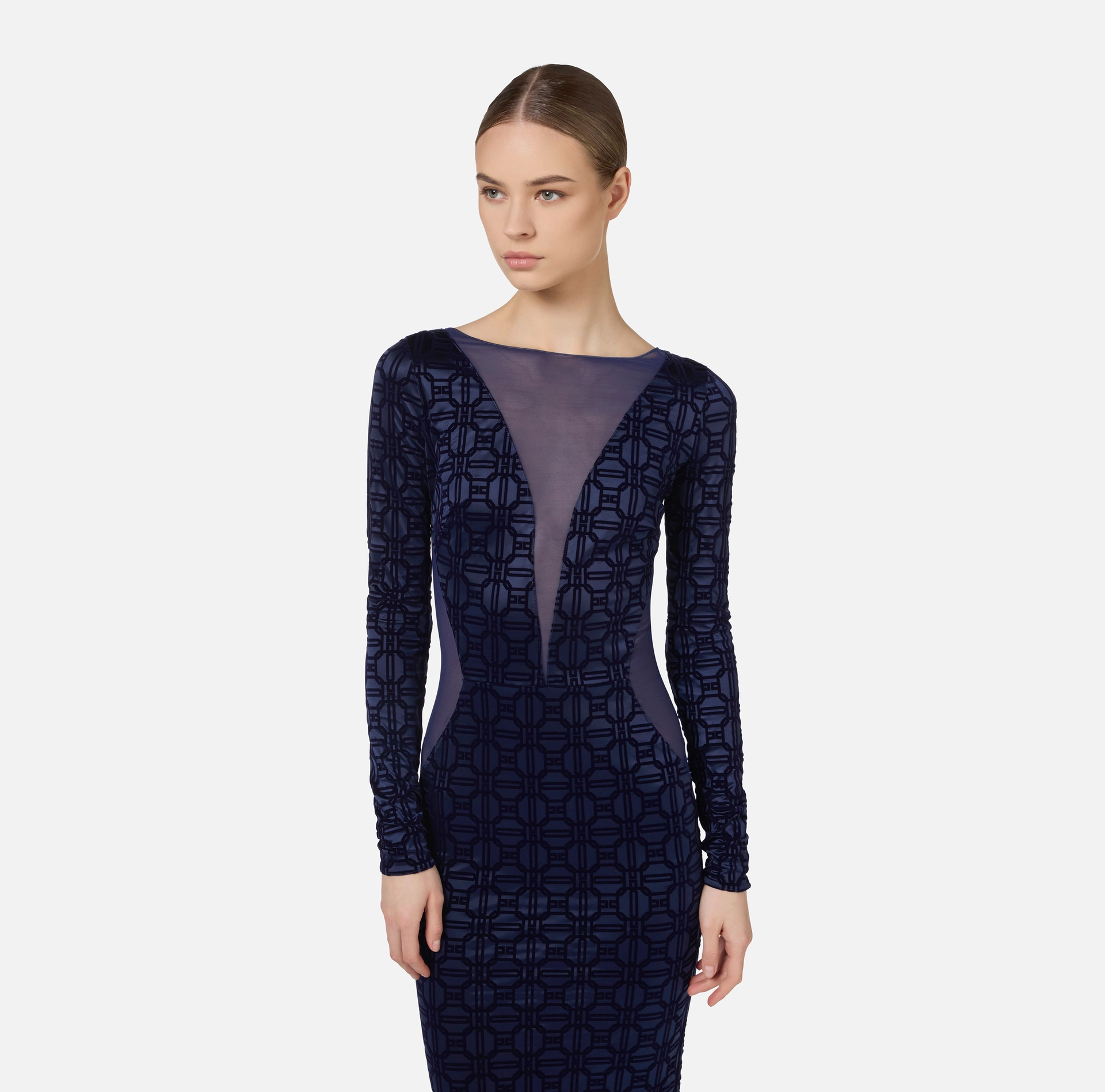Red carpet dress in flock Lycra and tulle fabric | Elisabetta Franchi® Outlet