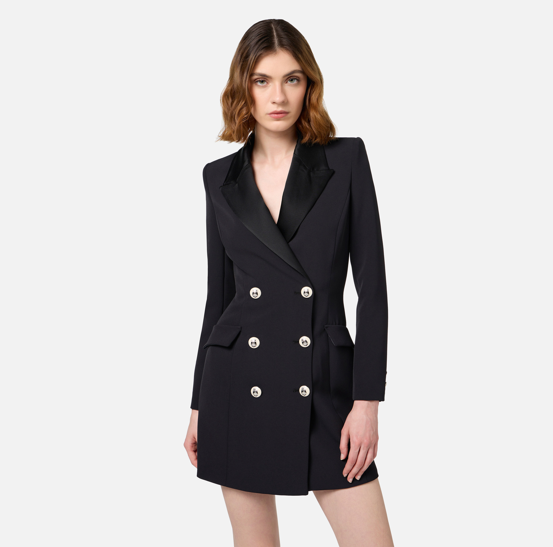 Robe-manteau en crêpe stretch avec revers en satin | Elisabetta Franchi® Outlet