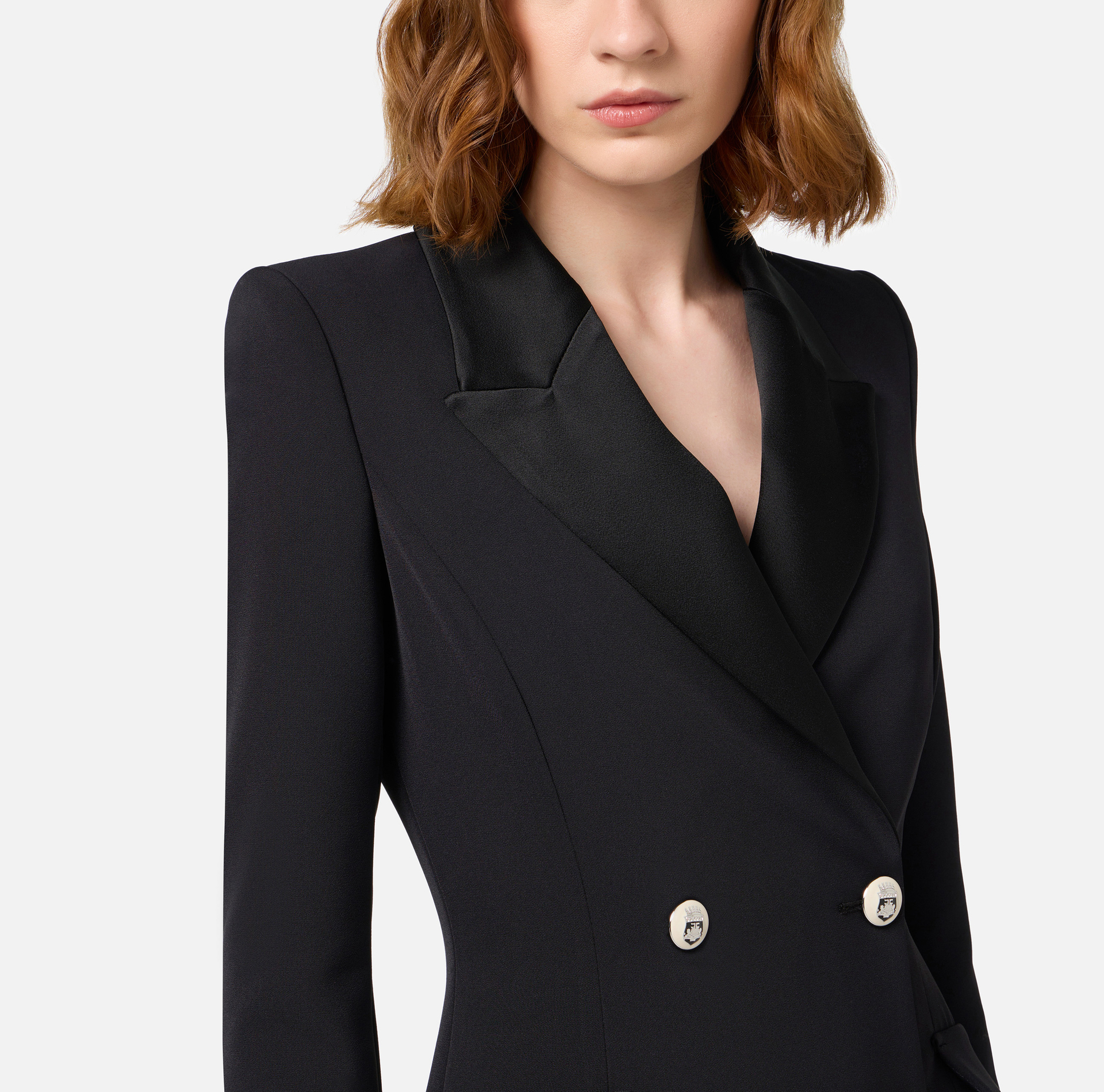 Robe-manteau en crêpe stretch avec revers en satin | Elisabetta Franchi® Outlet