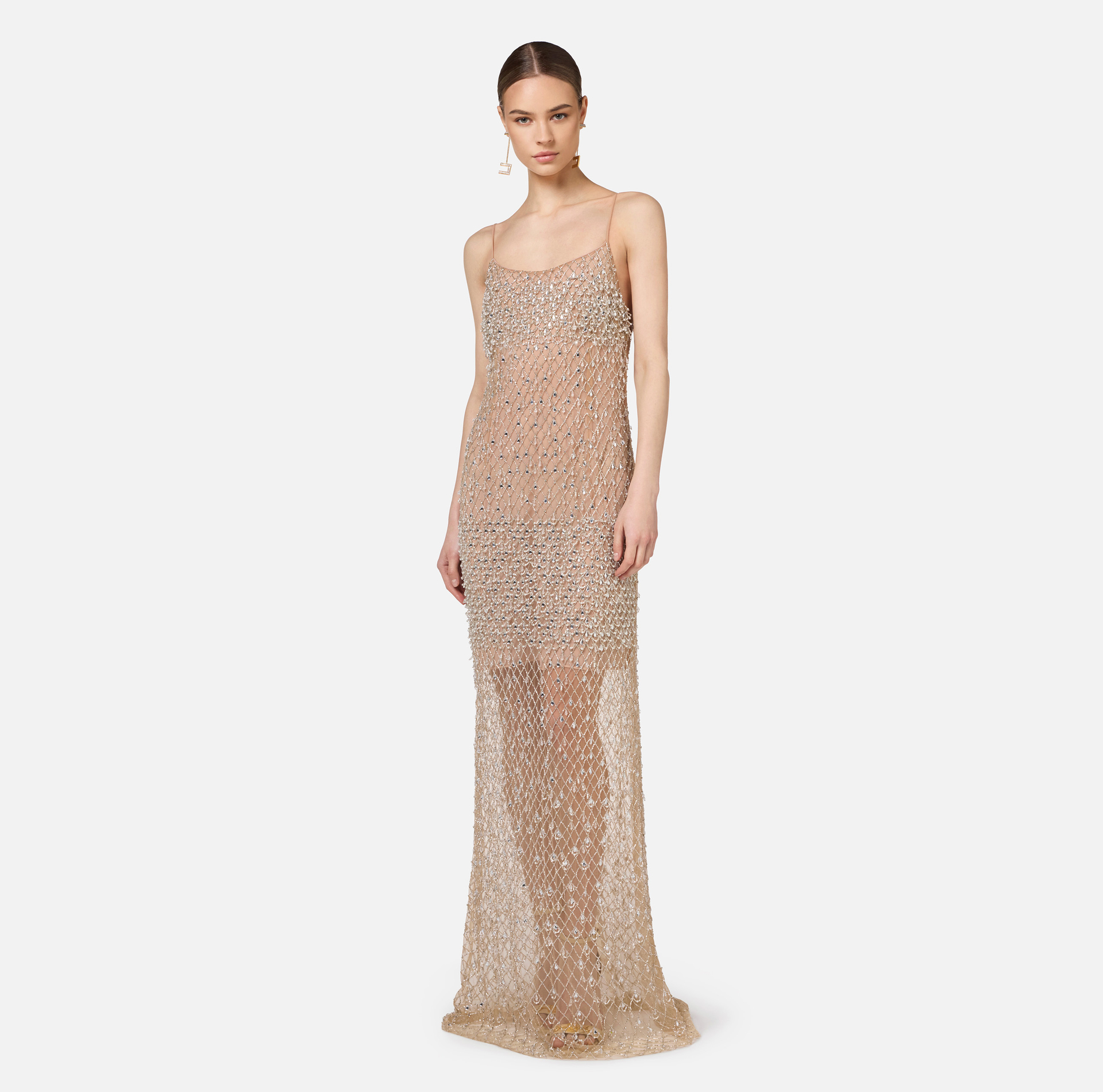 Tulle red carpet dress embroidered with diamond pattern sequins | Elisabetta Franchi® Outlet
