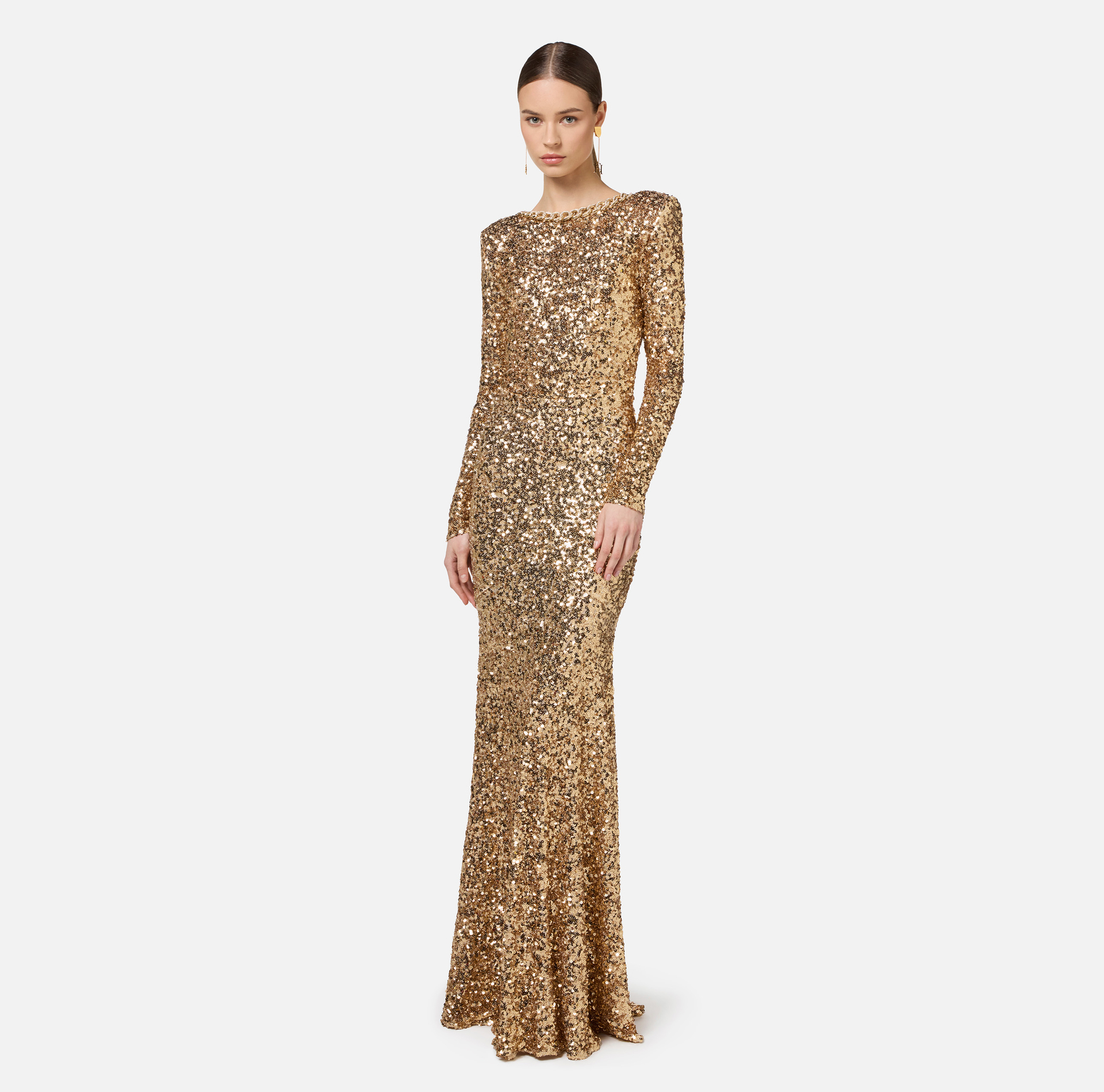 Red carpet sequin dress with chain and rhinestones | Elisabetta Franchi® Outlet