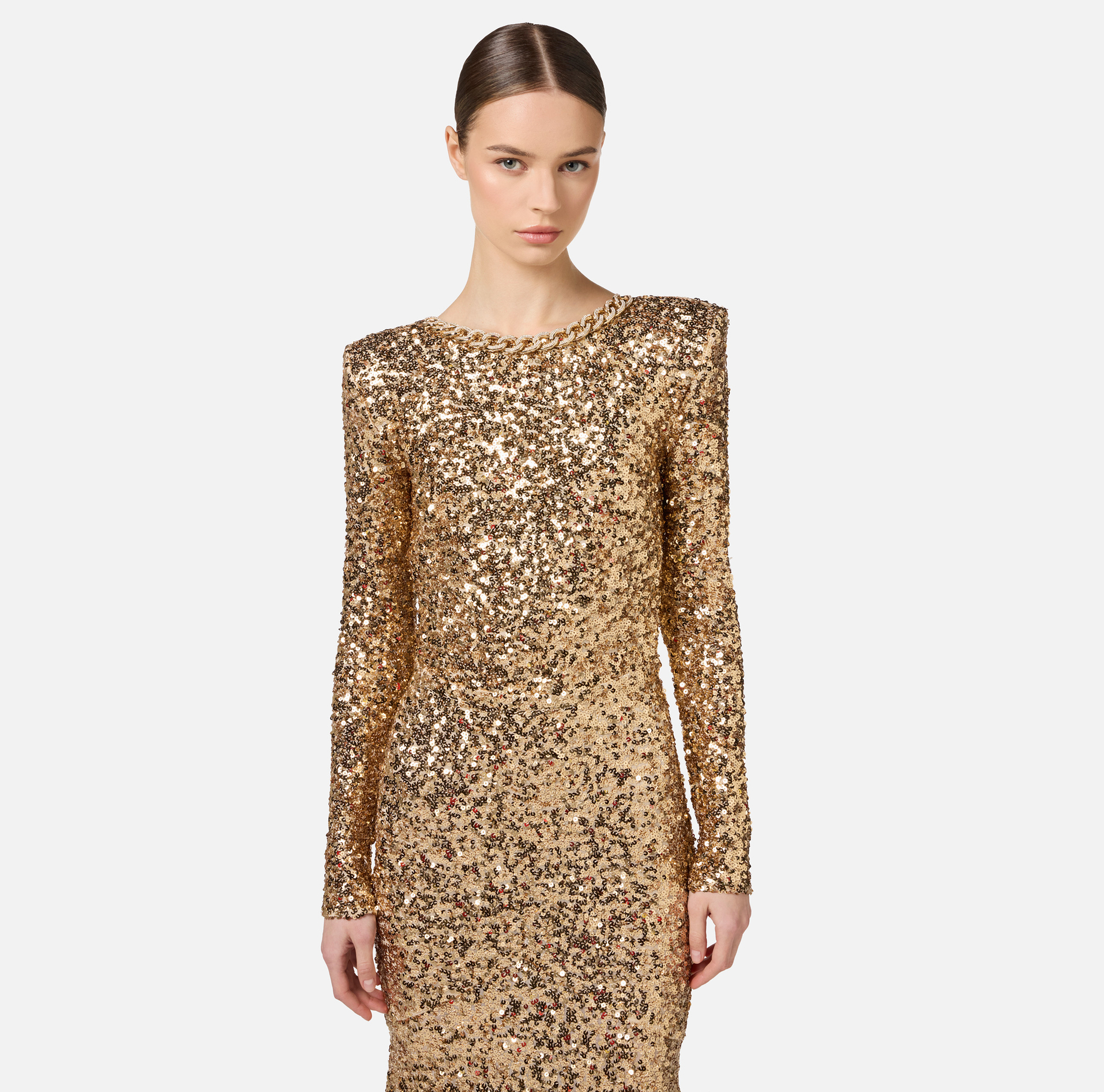 Red carpet sequin dress with chain and rhinestones | Elisabetta Franchi® Outlet