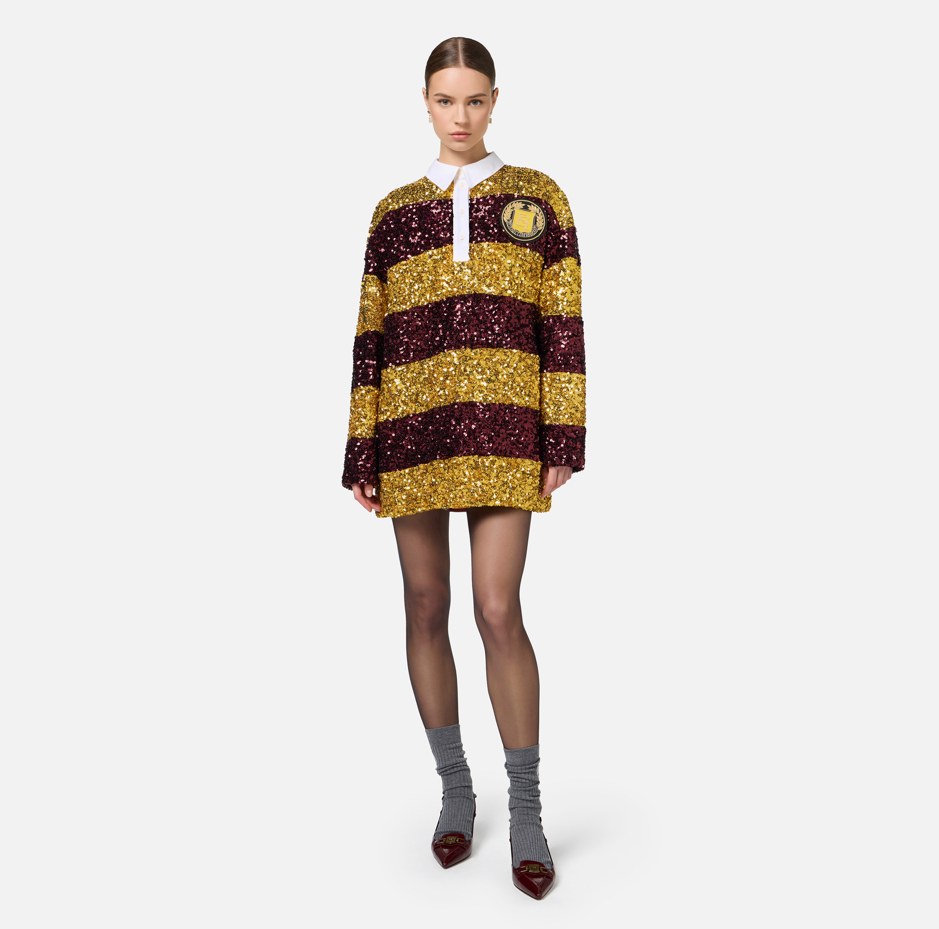 Mini-robe en sequins rayés avec col chemise | Elisabetta Franchi® Outlet