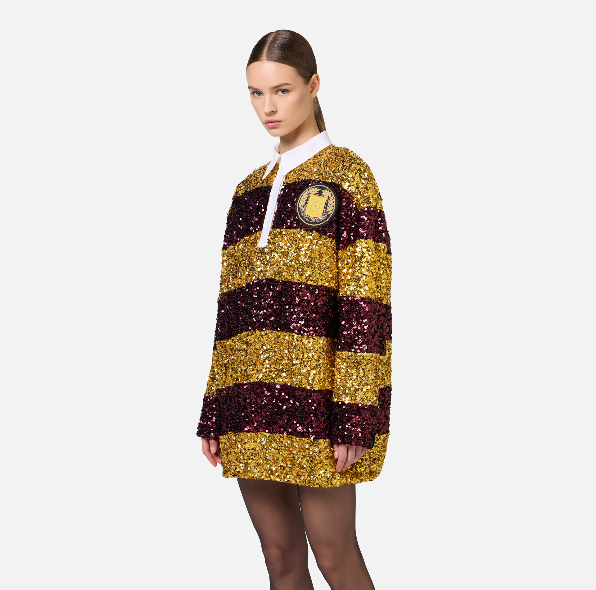 Mini-robe en sequins rayés avec col chemise | Elisabetta Franchi® Outlet