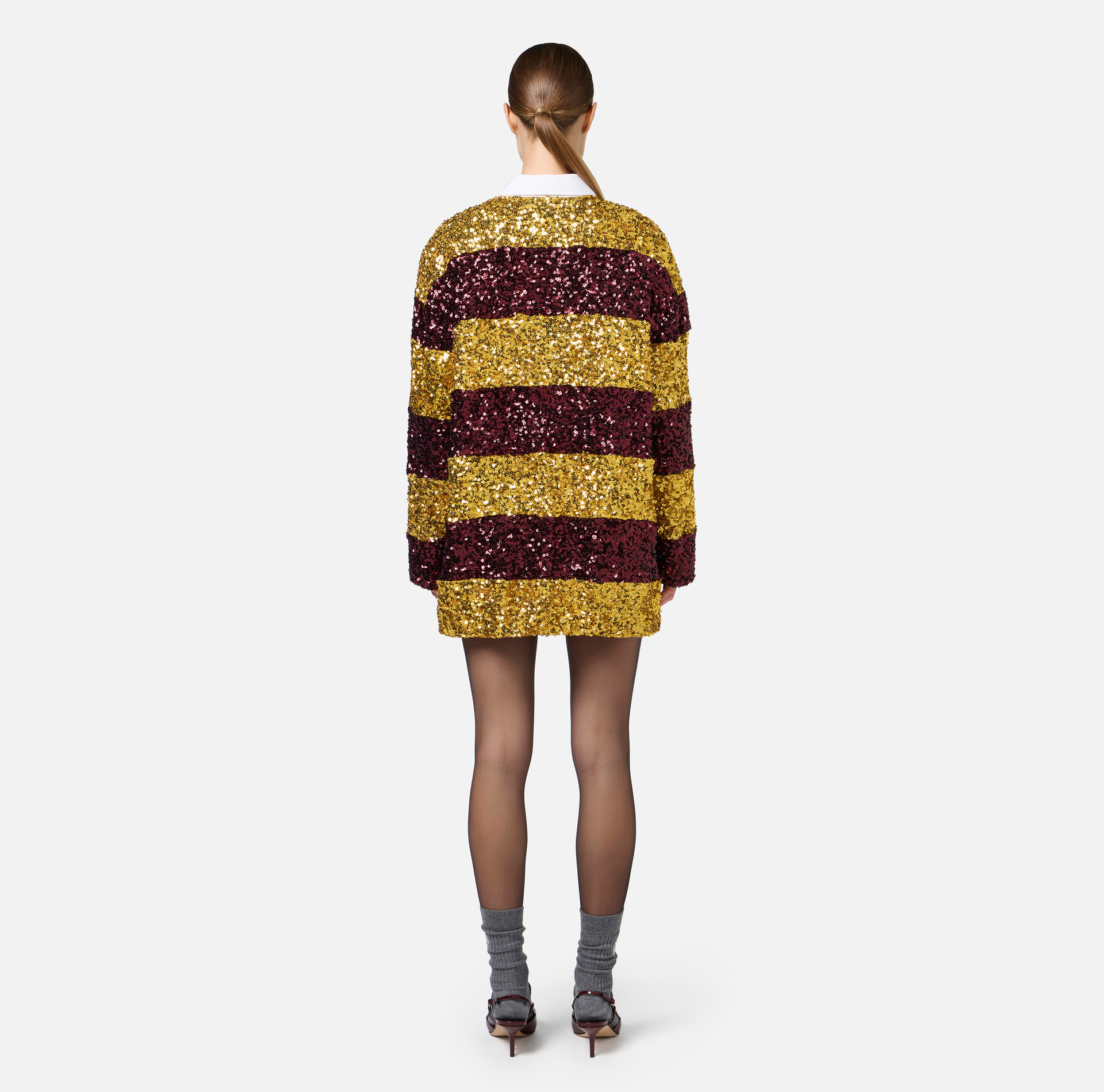 Mini-robe en sequins rayés avec col chemise | Elisabetta Franchi® Outlet