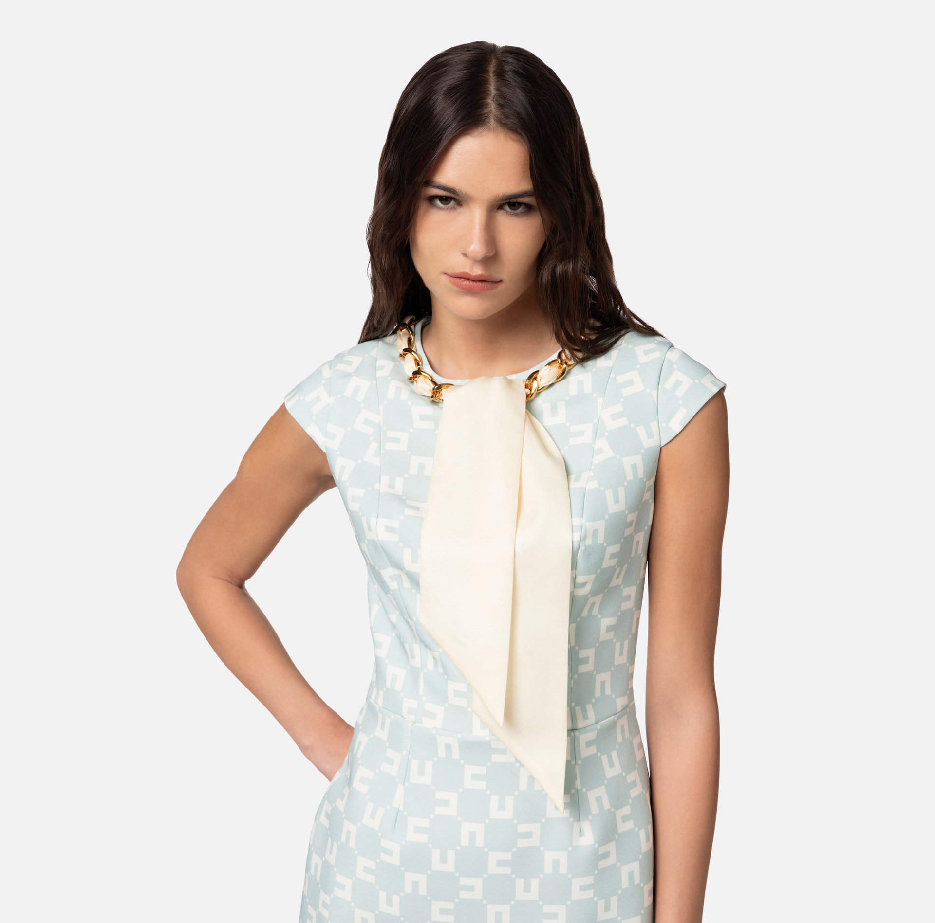 Miniabito in crêpe stretch stampa logo con foulard sullo scollo - Elisabetta Franchi® Outlet