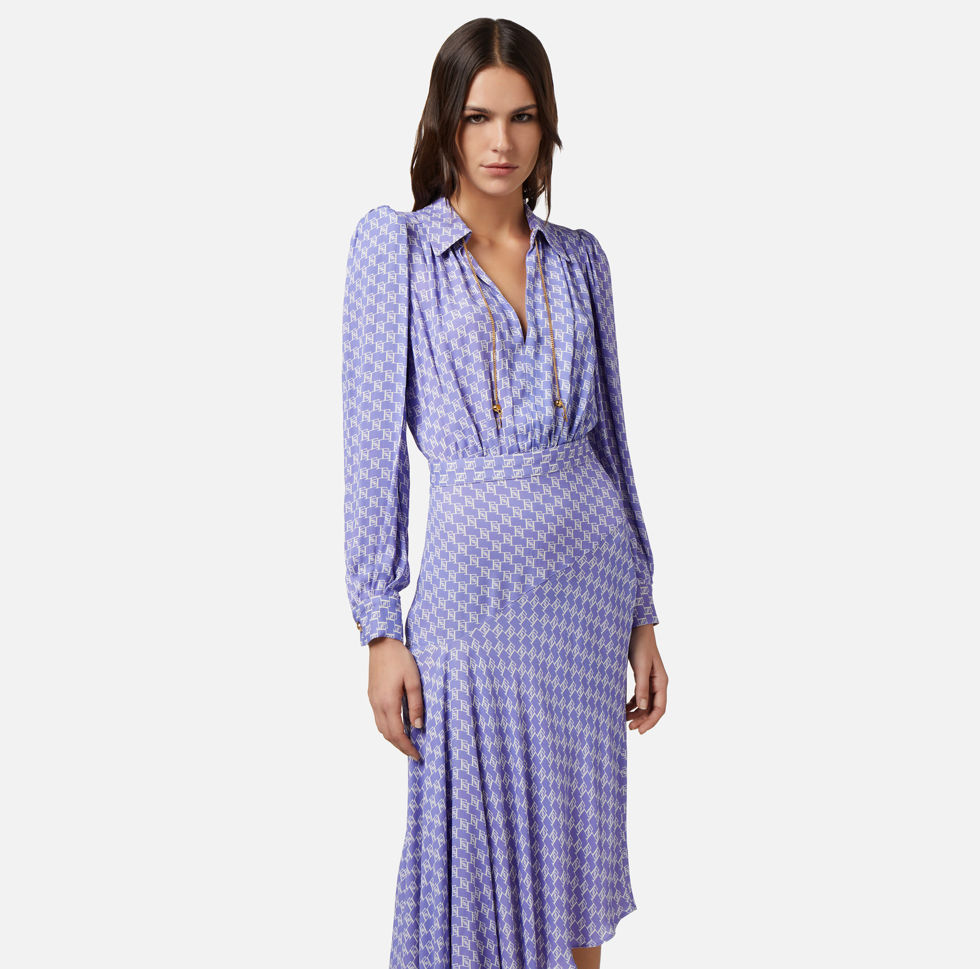 Asymmetric georgette shirt-dress with logo print - Elisabetta Franchi® Outlet