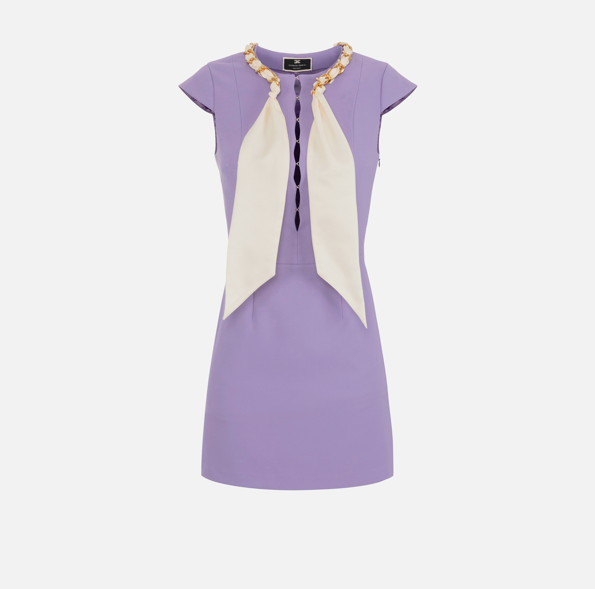 Mini-dress in stretch crêpe with foulard scarf at the neckline - Elisabetta Franchi® Outlet