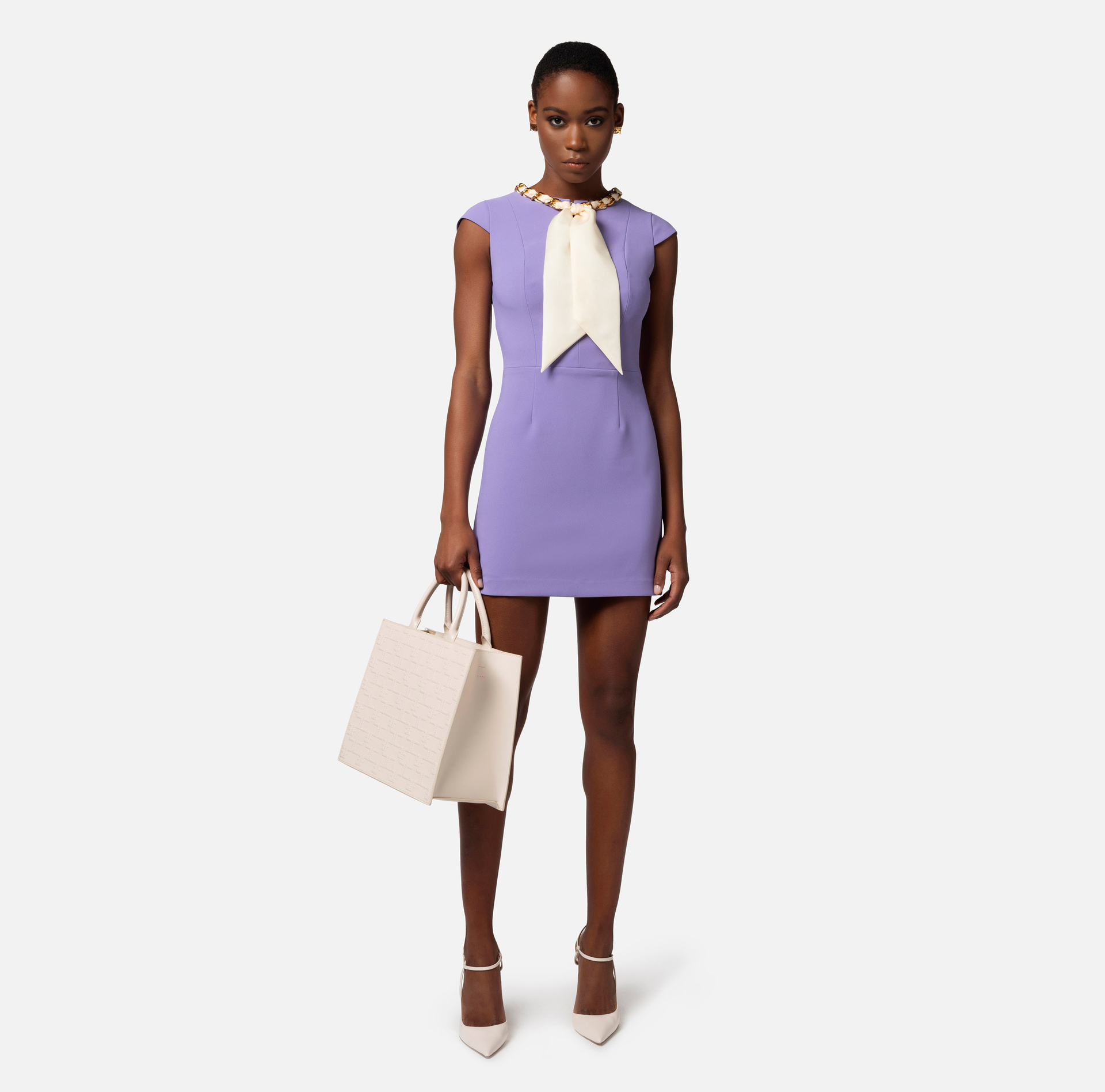 Mini-dress in stretch crêpe with foulard scarf at the neckline - Elisabetta Franchi® Outlet