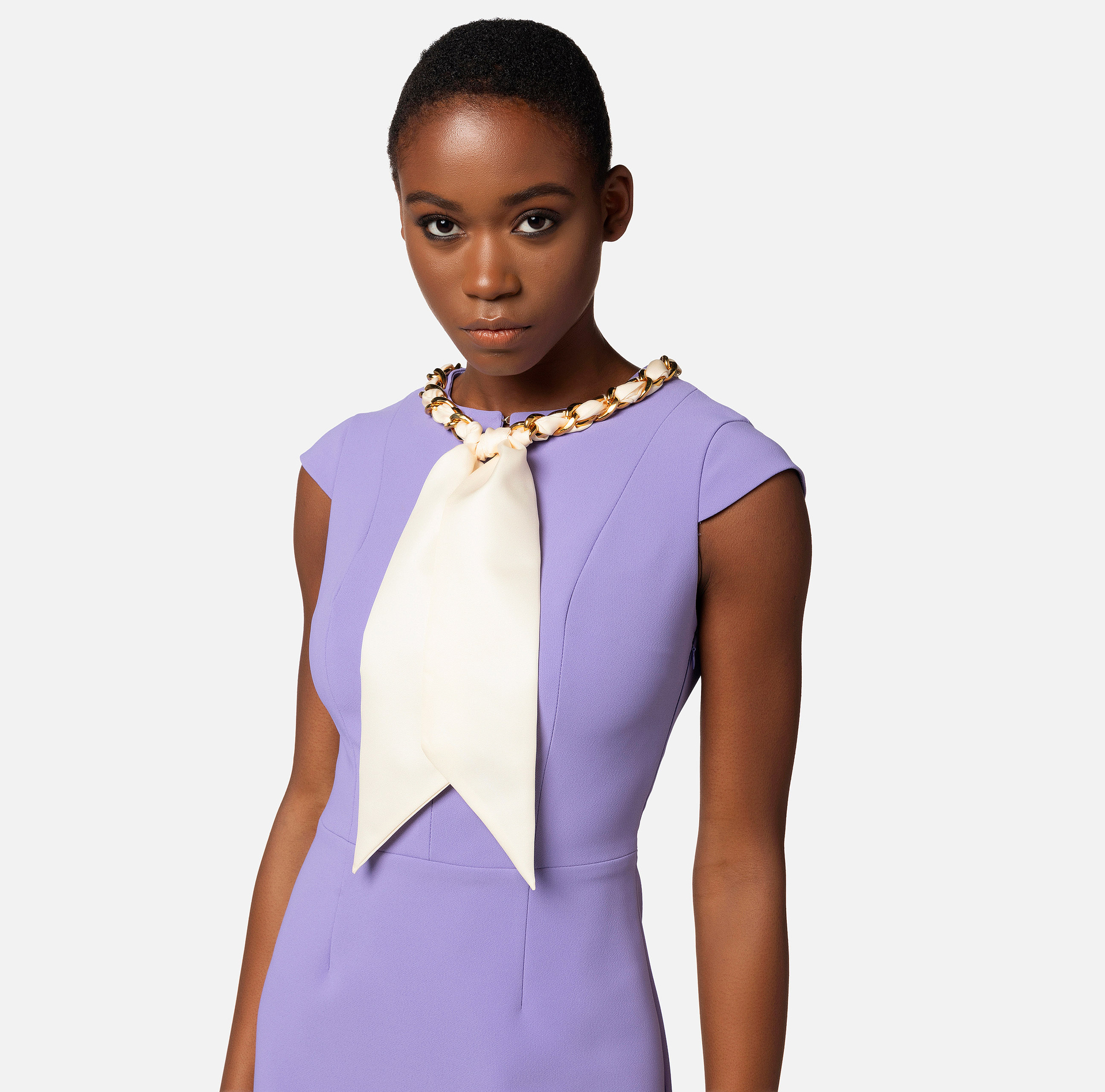 Mini-dress in stretch crêpe with foulard scarf at the neckline - Elisabetta Franchi® Outlet