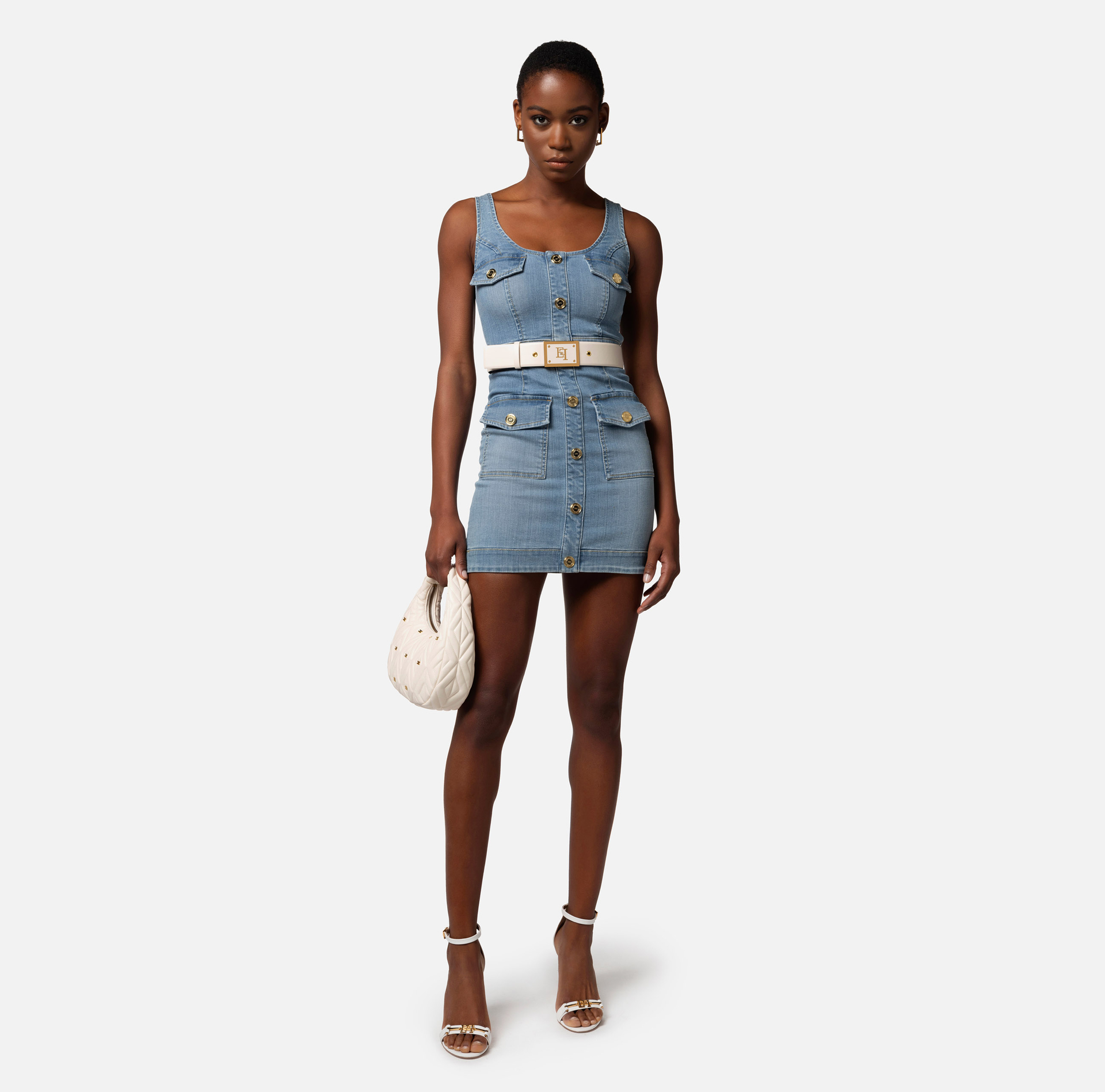 Denim mini-dress with row of buttons - Elisabetta Franchi® Outlet