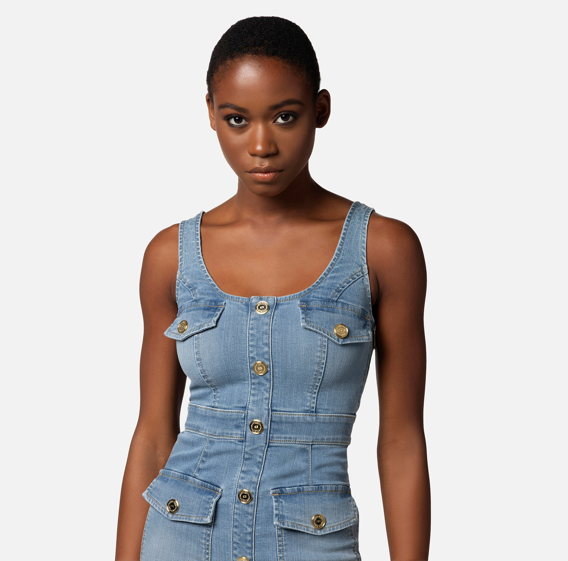 Denim mini-dress with row of buttons - Elisabetta Franchi® Outlet