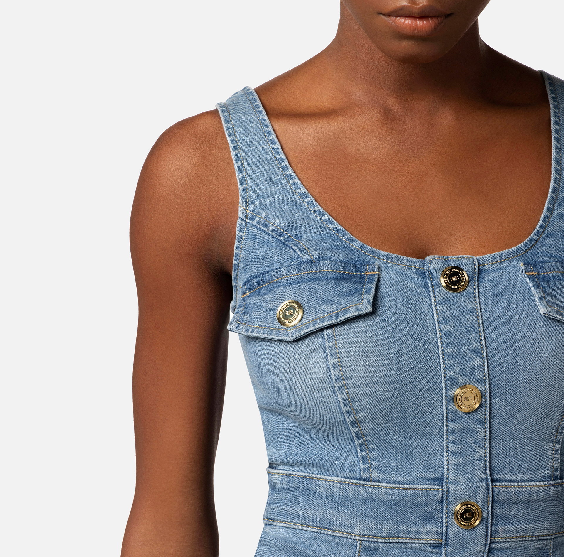 Denim mini-dress with row of buttons - Elisabetta Franchi® Outlet