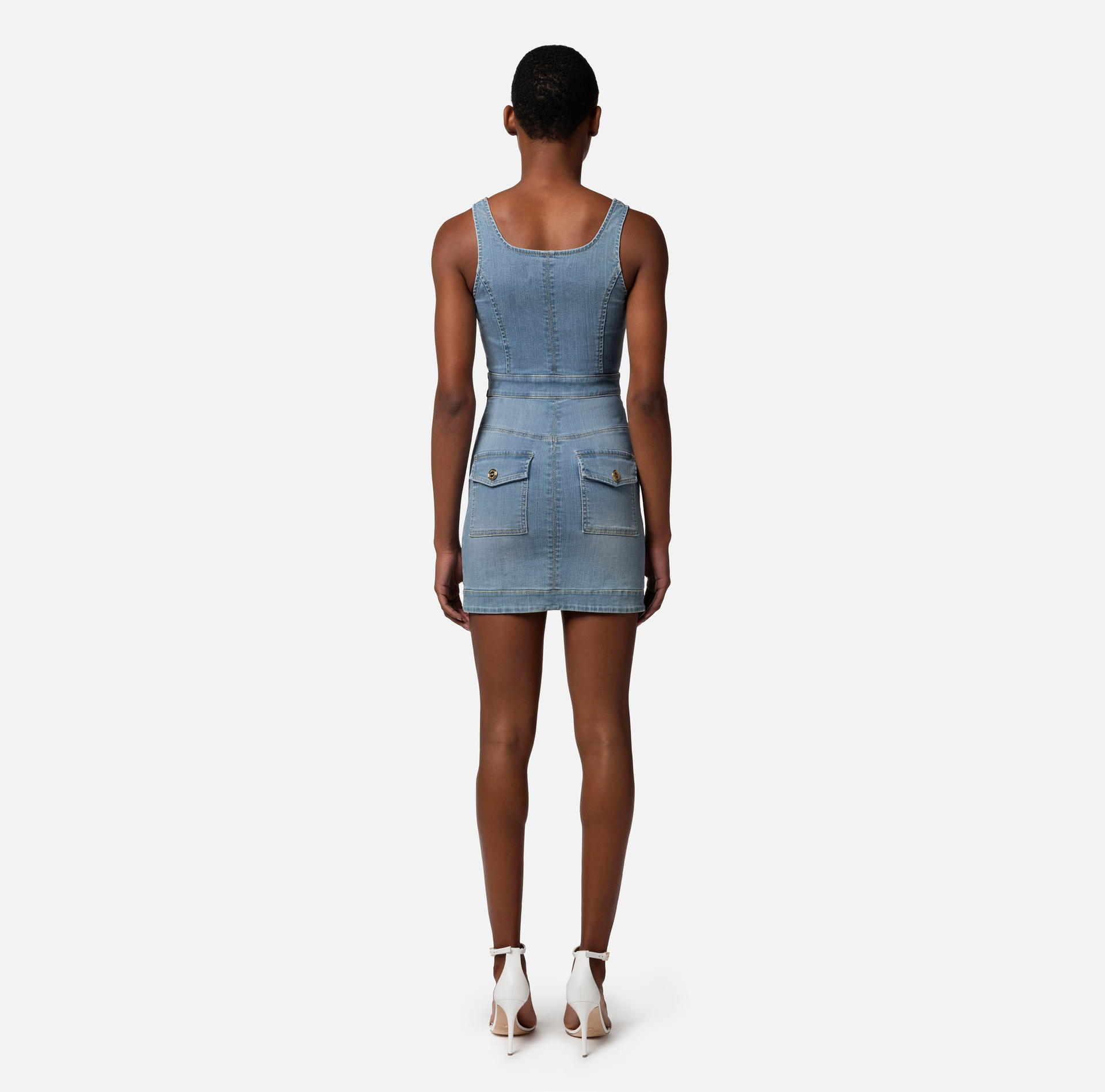Denim mini-dress with row of buttons - Elisabetta Franchi® Outlet