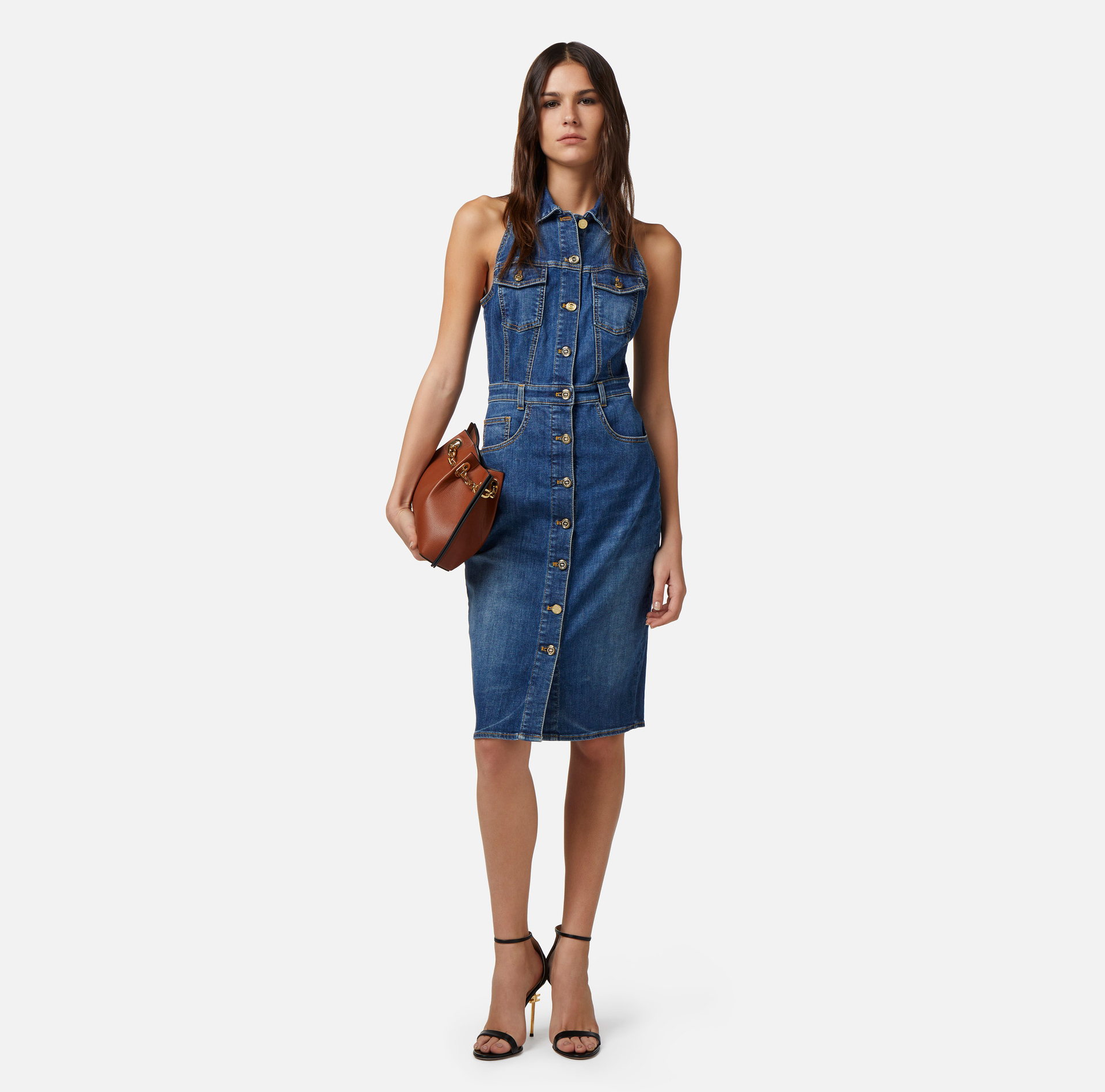 Denim midi dress with row of buttons - Elisabetta Franchi® Outlet