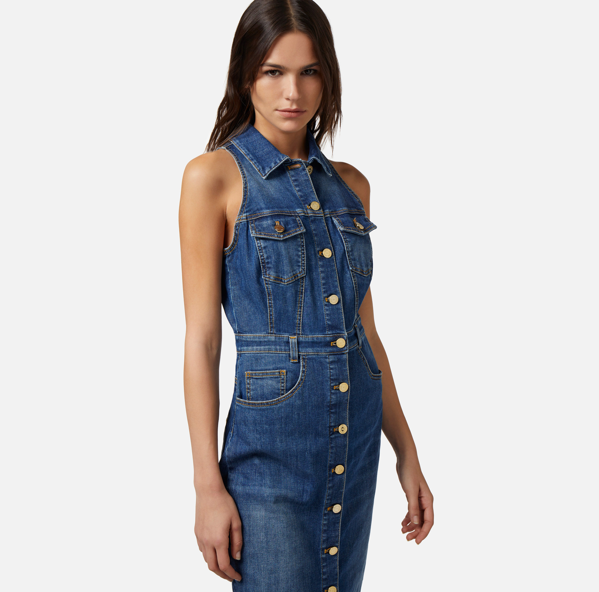 Denim midi dress with row of buttons - Elisabetta Franchi® Outlet