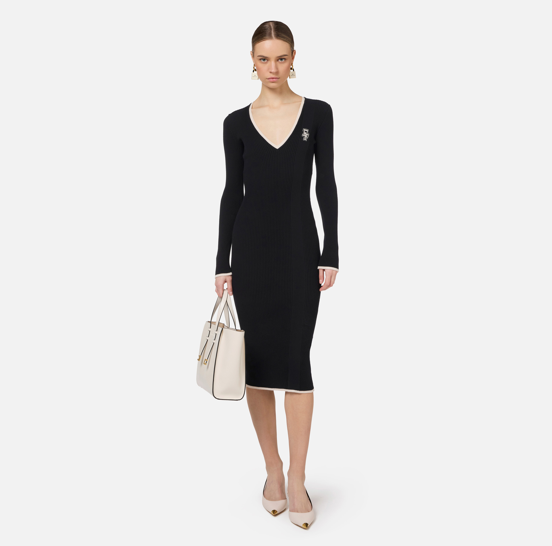 Midi dress in viscose fabric with contrasting logo | Elisabetta Franchi® Outlet