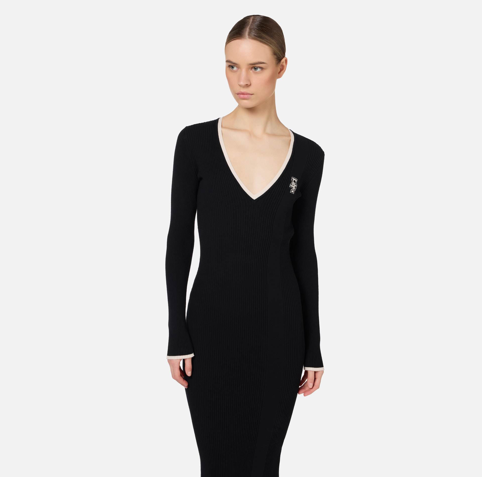 Midi dress in viscose fabric with contrasting logo | Elisabetta Franchi® Outlet