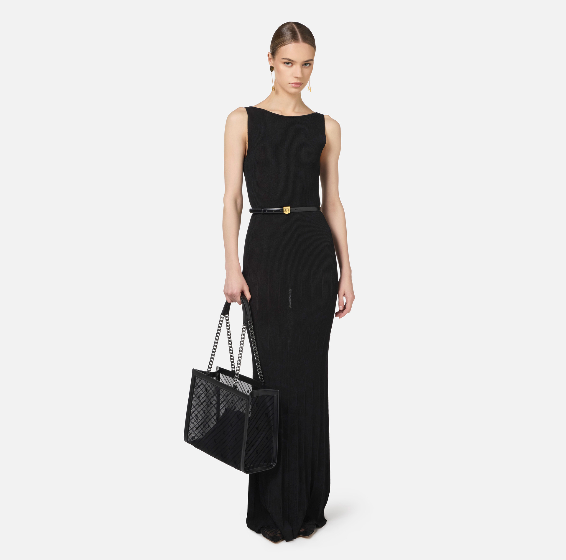 Long dress in pleated rib viscose fabric | Elisabetta Franchi® Outlet