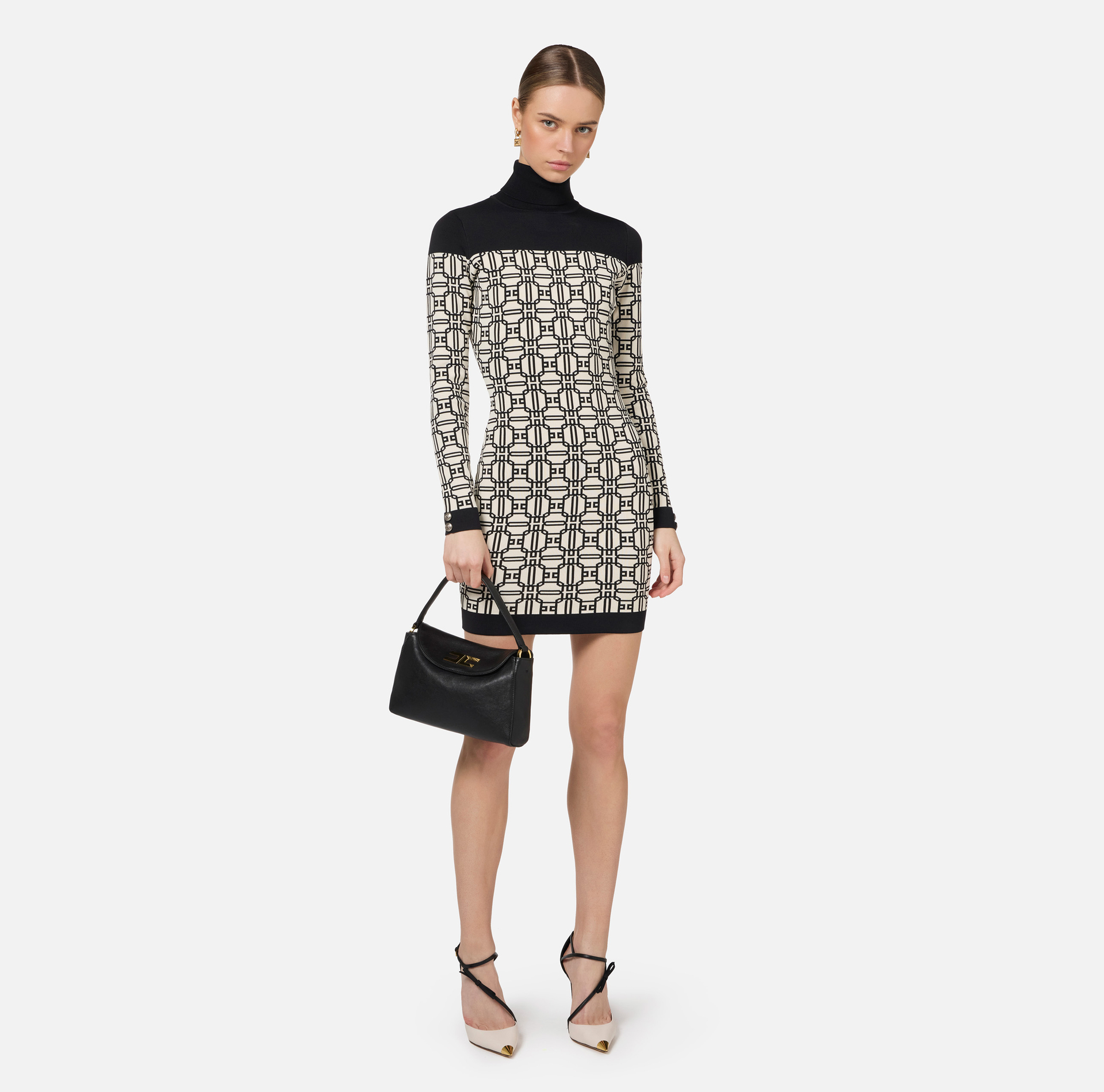 Jacquard logo turtleneck mini-dress | Elisabetta Franchi® Outlet