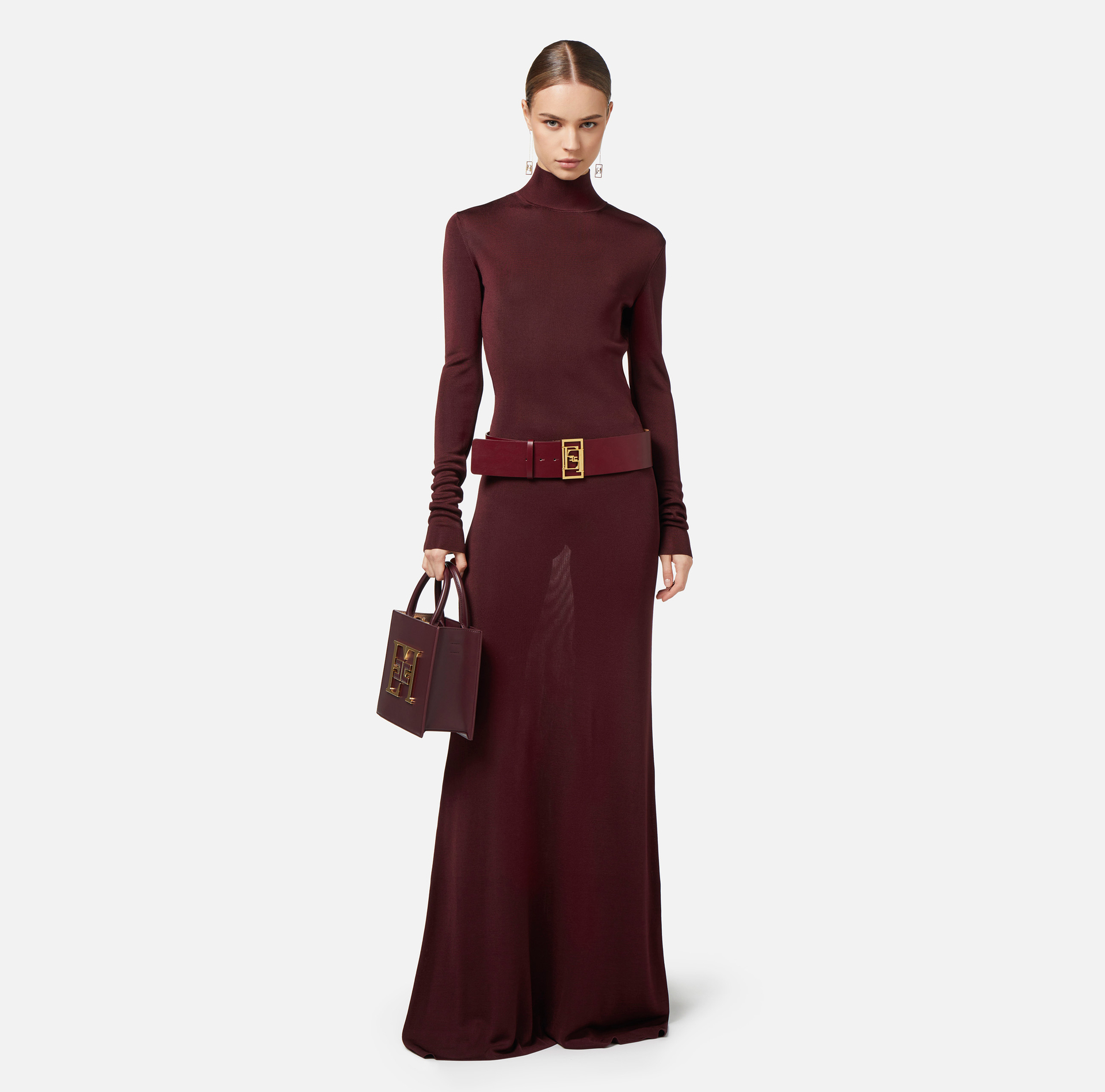 Red carpet dress in shiny viscose fabric with belt | Elisabetta Franchi® Outlet