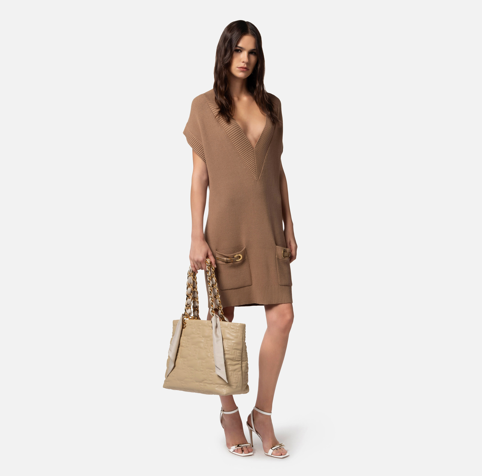 Viscose boxy mini-dress with straps on pockets | Elisabetta Franchi® Outlet