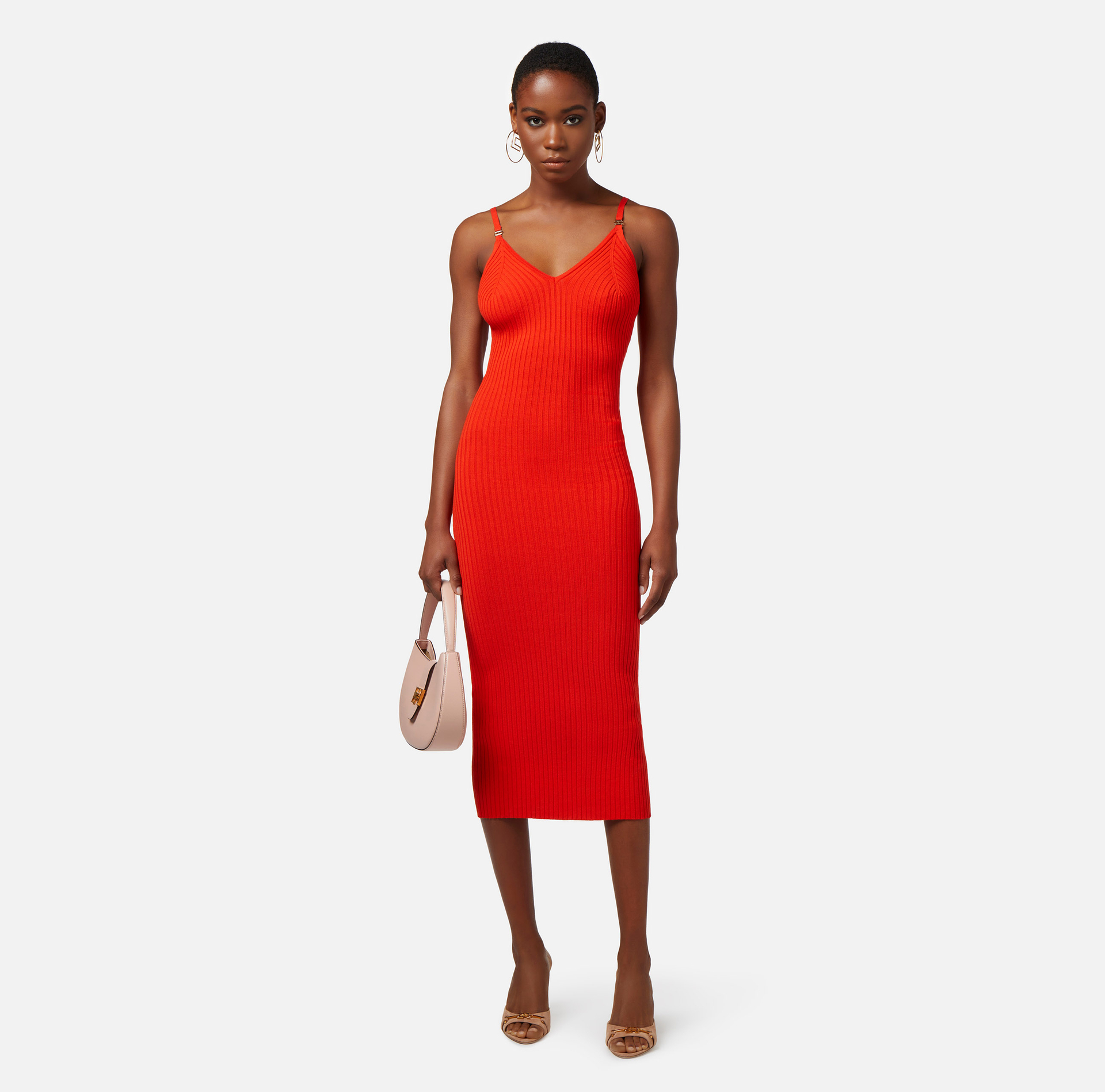 Abito midi in viscosa a costine con spalline - Elisabetta Franchi® Outlet