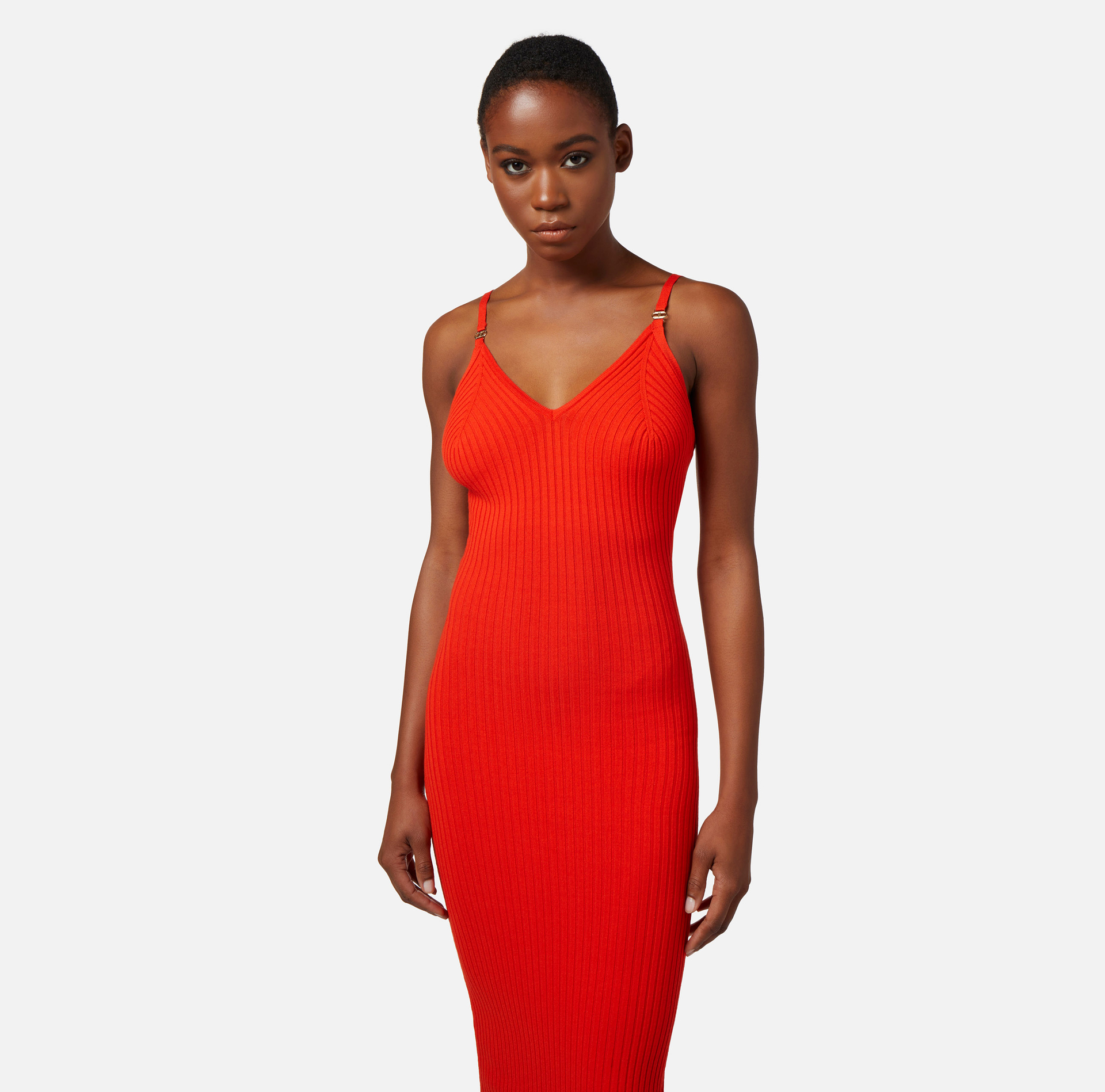 Abito midi in viscosa a costine con spalline - Elisabetta Franchi® Outlet