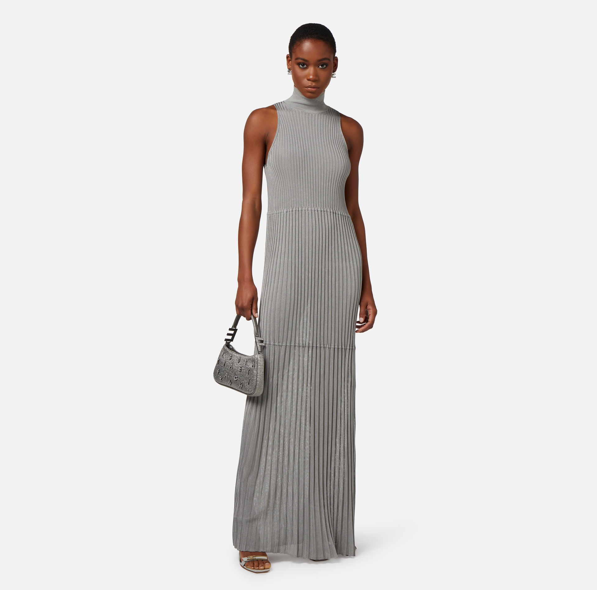 Shiny viscose ribbed long dress with halter neck - Elisabetta Franchi® Outlet