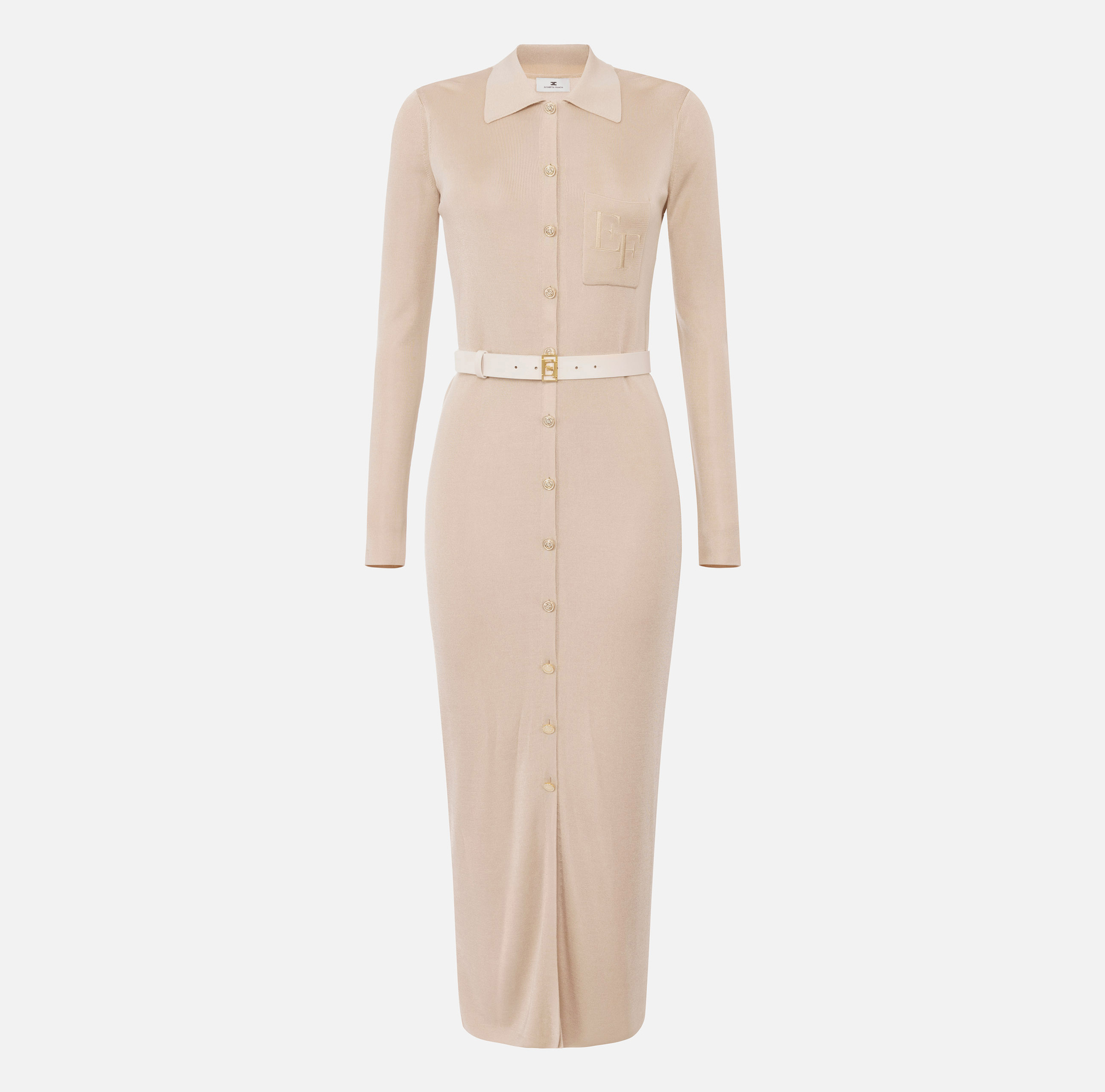 Langes Kleid aus glänzender Viskose mit Logo-Stickerei und Gürtel | Elisabetta Franchi® Outlet