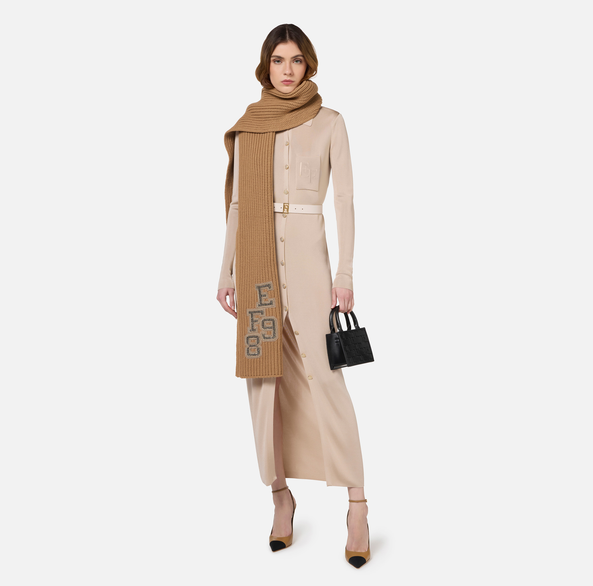 Langes Kleid aus glänzender Viskose mit Logo-Stickerei und Gürtel | Elisabetta Franchi® Outlet