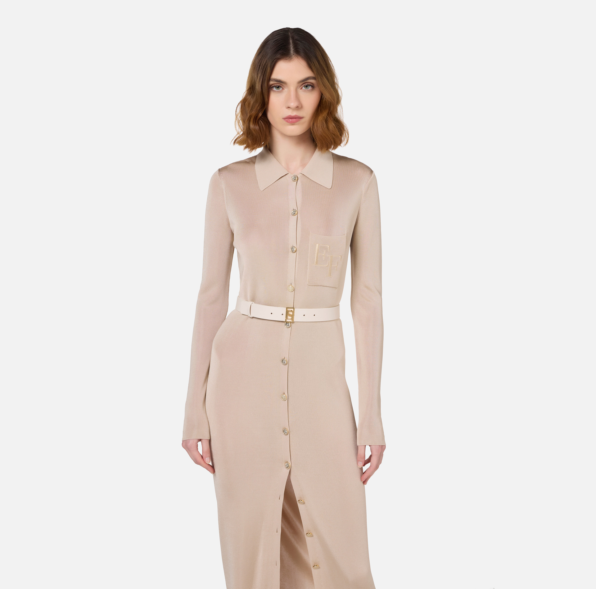 Langes Kleid aus glänzender Viskose mit Logo-Stickerei und Gürtel | Elisabetta Franchi® Outlet