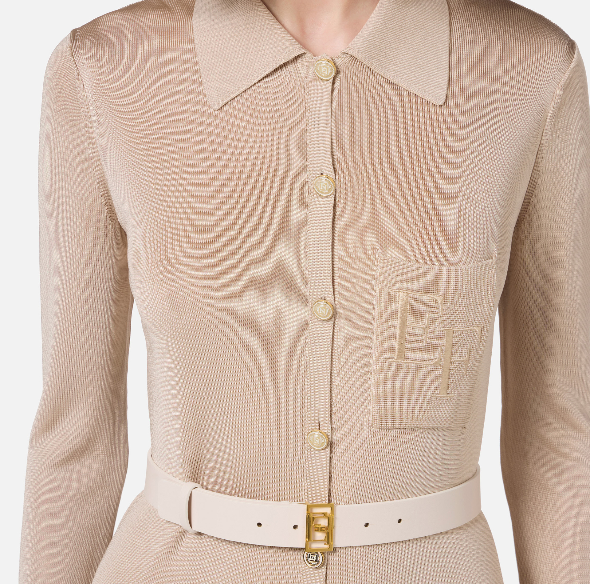 Langes Kleid aus glänzender Viskose mit Logo-Stickerei und Gürtel | Elisabetta Franchi® Outlet