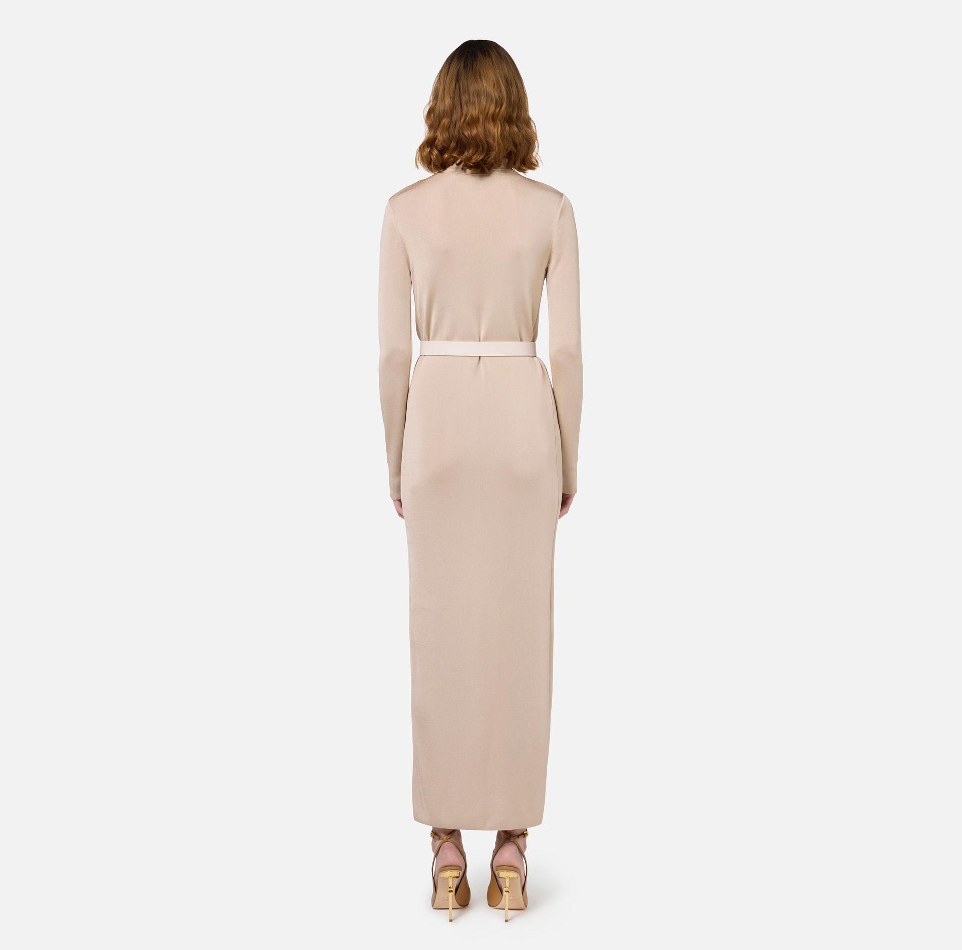 Langes Kleid aus glänzender Viskose mit Logo-Stickerei und Gürtel | Elisabetta Franchi® Outlet