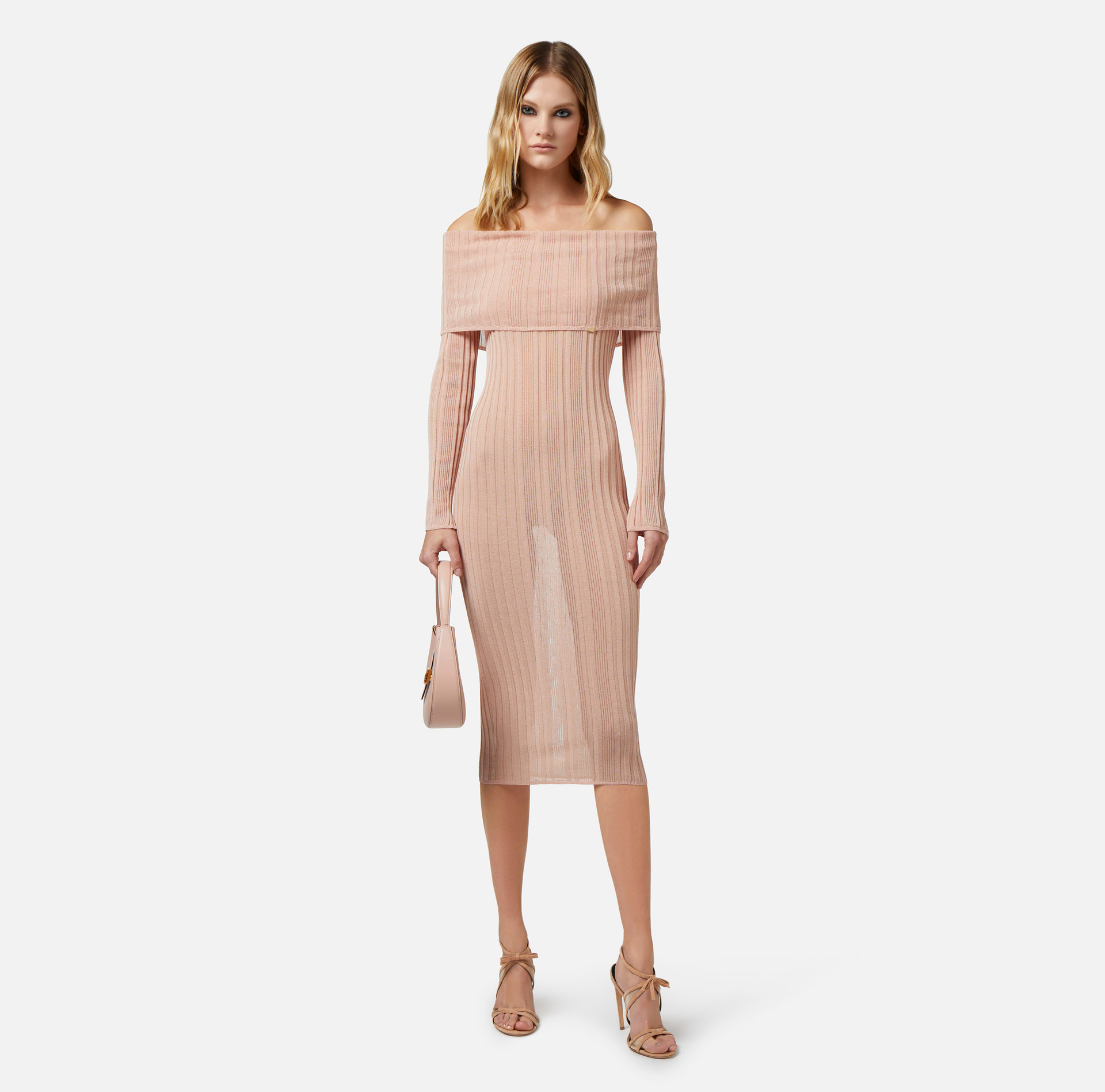 Robe midi en viscose côtelée avec maxi col - Elisabetta Franchi® Outlet