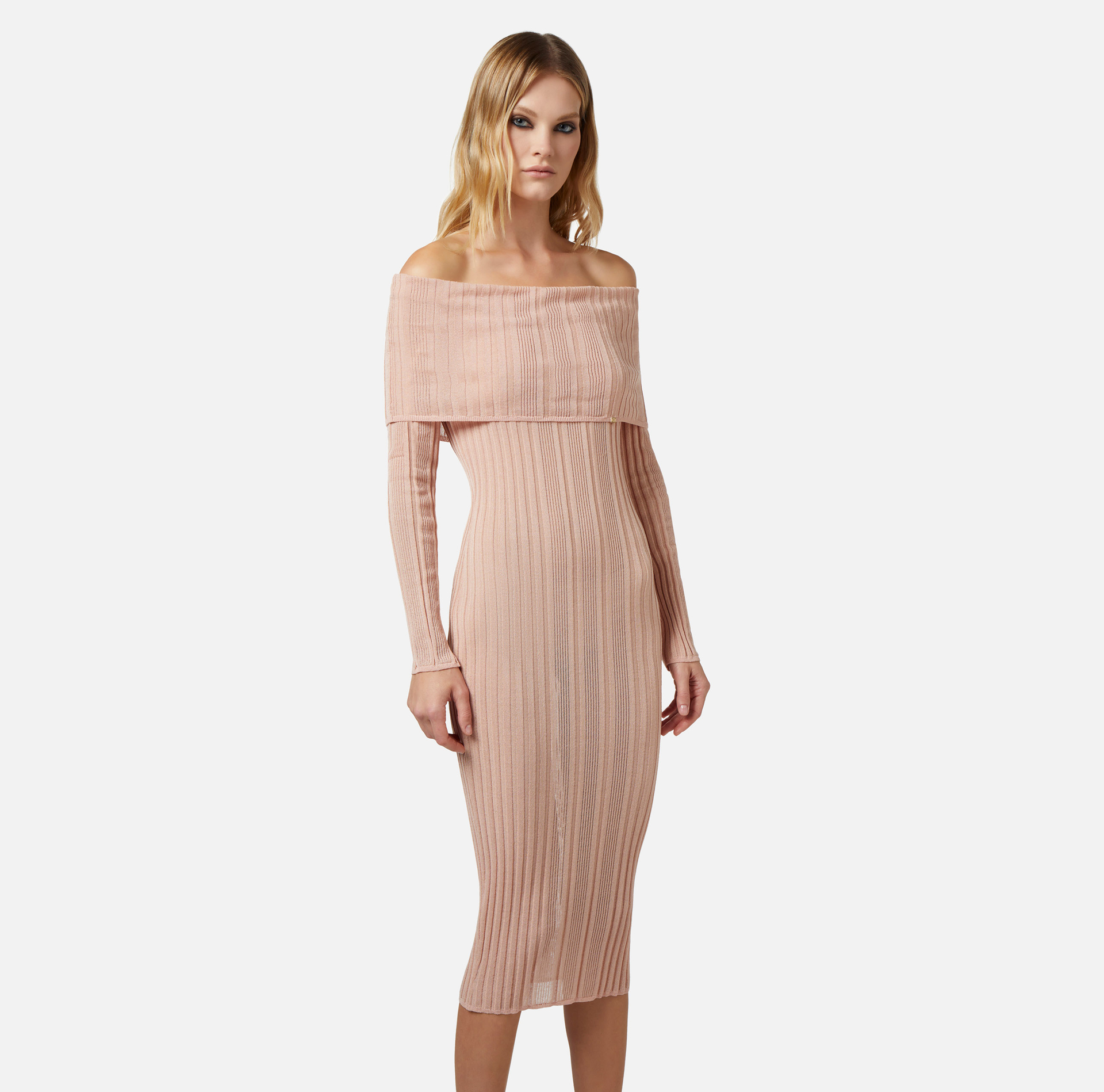 Robe midi en viscose côtelée avec maxi col - Elisabetta Franchi® Outlet