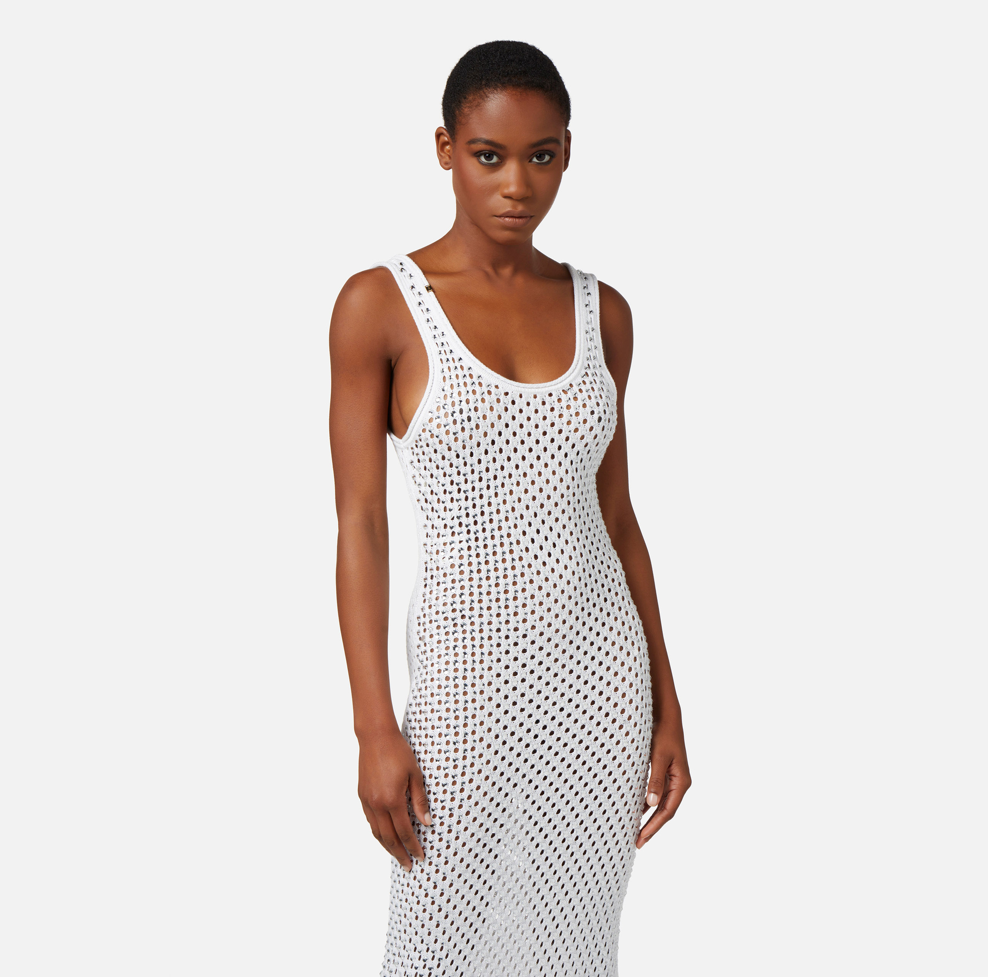 Long cotton dress in mesh stitch with rhinestones - Elisabetta Franchi® Outlet
