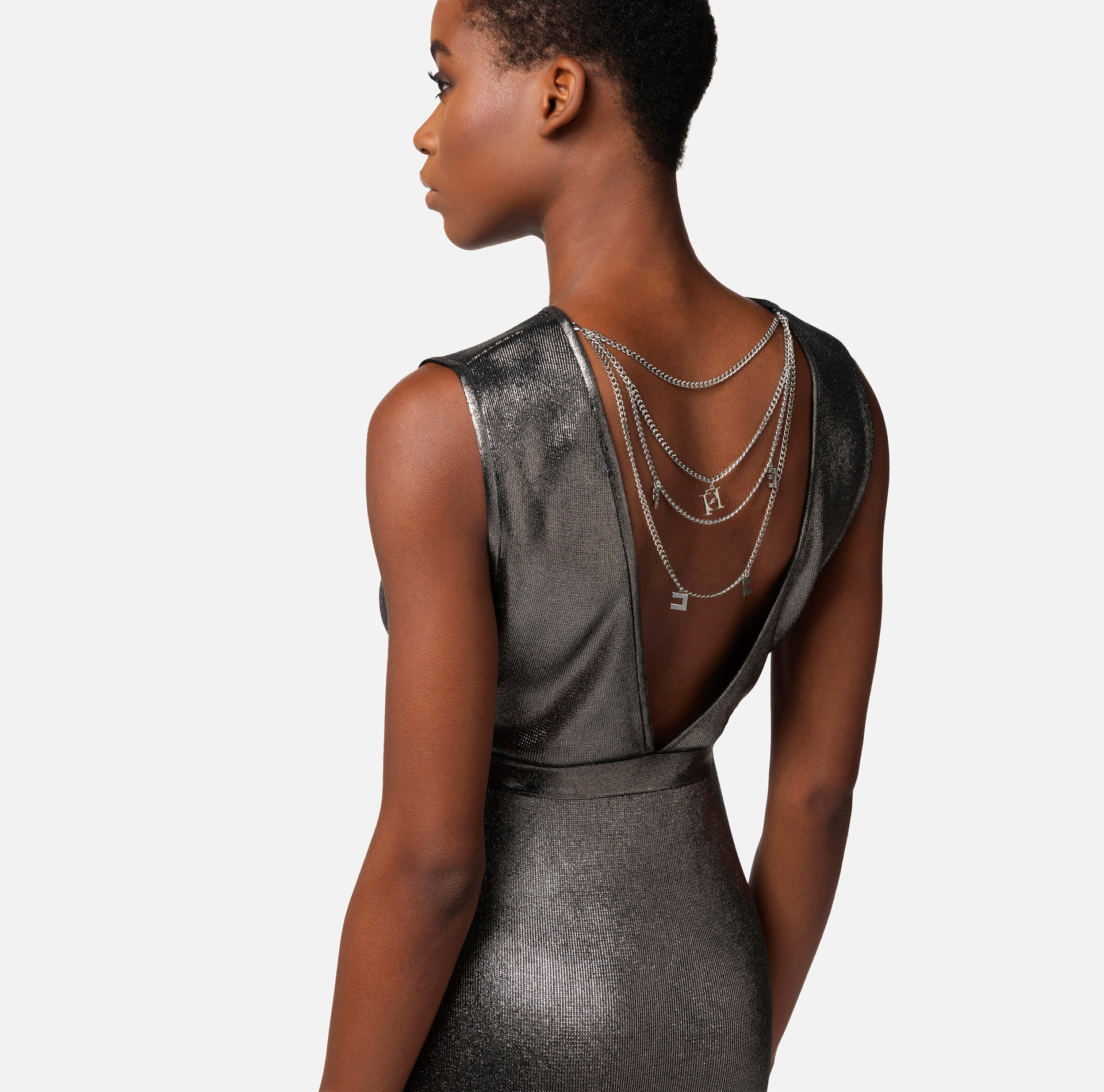 Red carpet dress in laminated viscose fabric with necklace - Elisabetta Franchi® Outlet