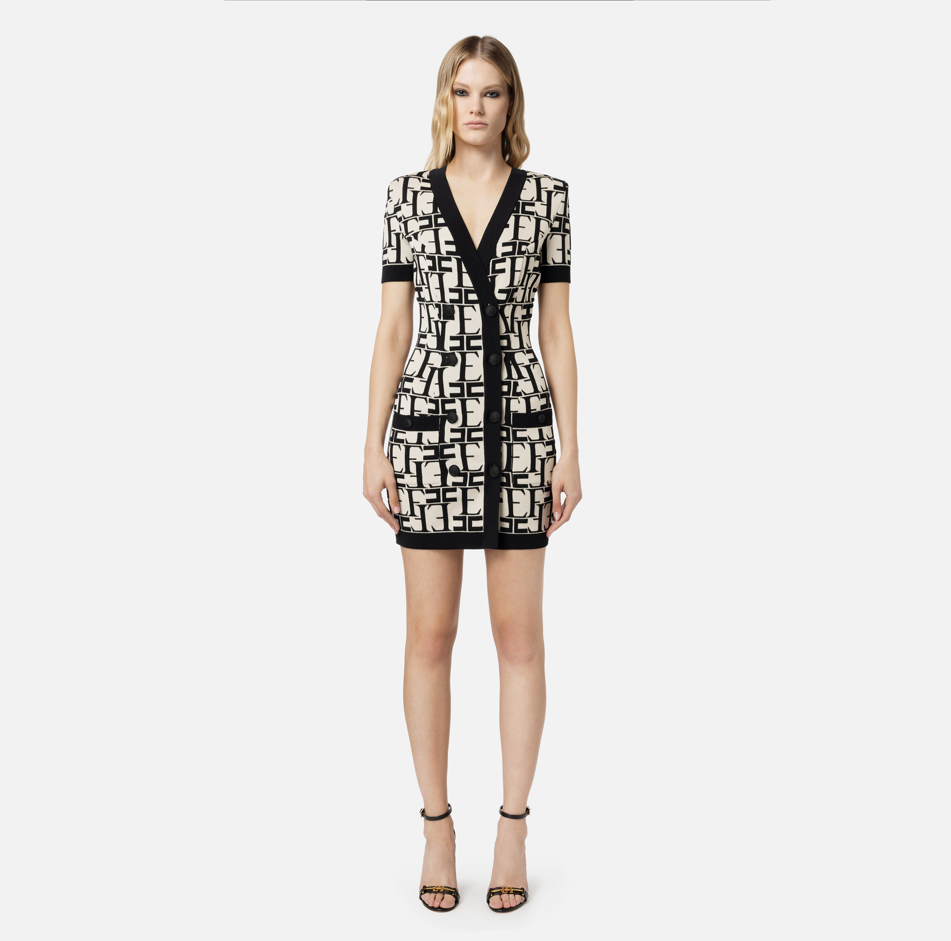 Double-breasted mini-dress in viscose with lettering - Elisabetta Franchi® Outlet