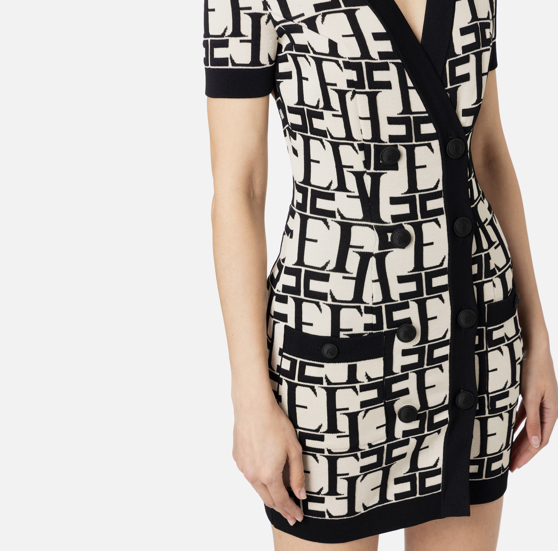 Double-breasted mini-dress in viscose with lettering - Elisabetta Franchi® Outlet