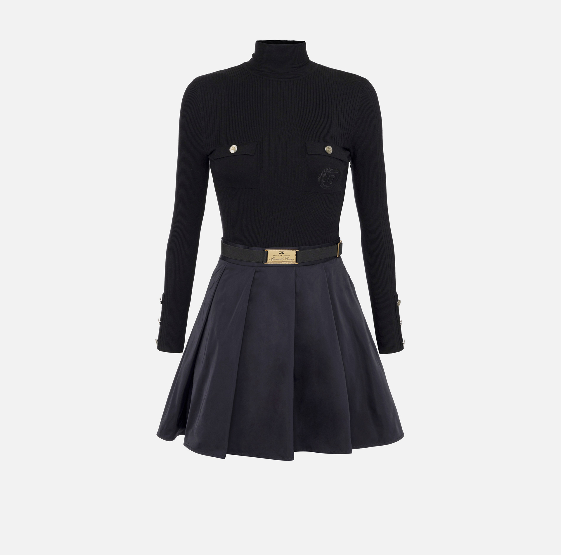Mini-dress in narrow-ribbed viscose and silk fabric with logo embroidery | Elisabetta Franchi® Outlet