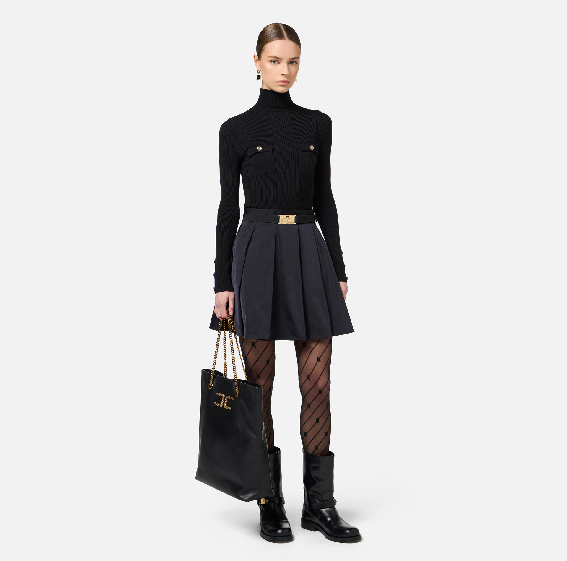 Mini-dress in narrow-ribbed viscose and silk fabric with logo embroidery | Elisabetta Franchi® Outlet