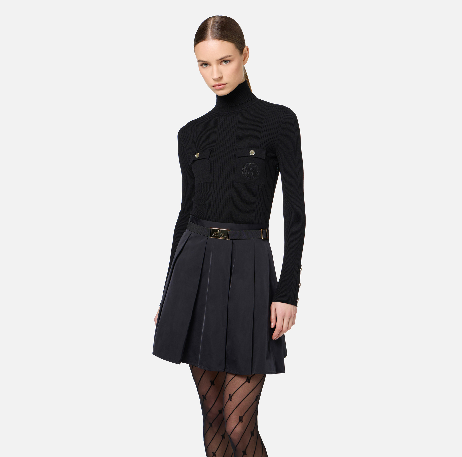 Mini-dress in narrow-ribbed viscose and silk fabric with logo embroidery | Elisabetta Franchi® Outlet