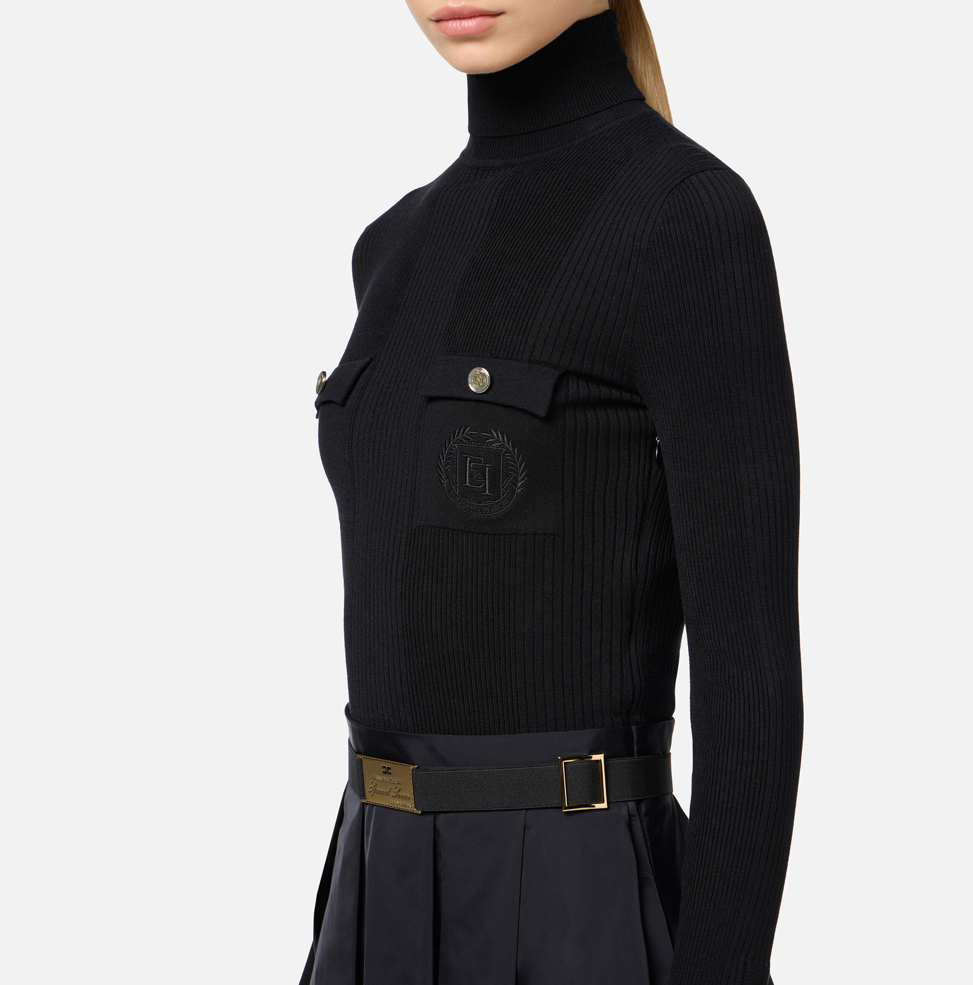 Mini-dress in narrow-ribbed viscose and silk fabric with logo embroidery | Elisabetta Franchi® Outlet