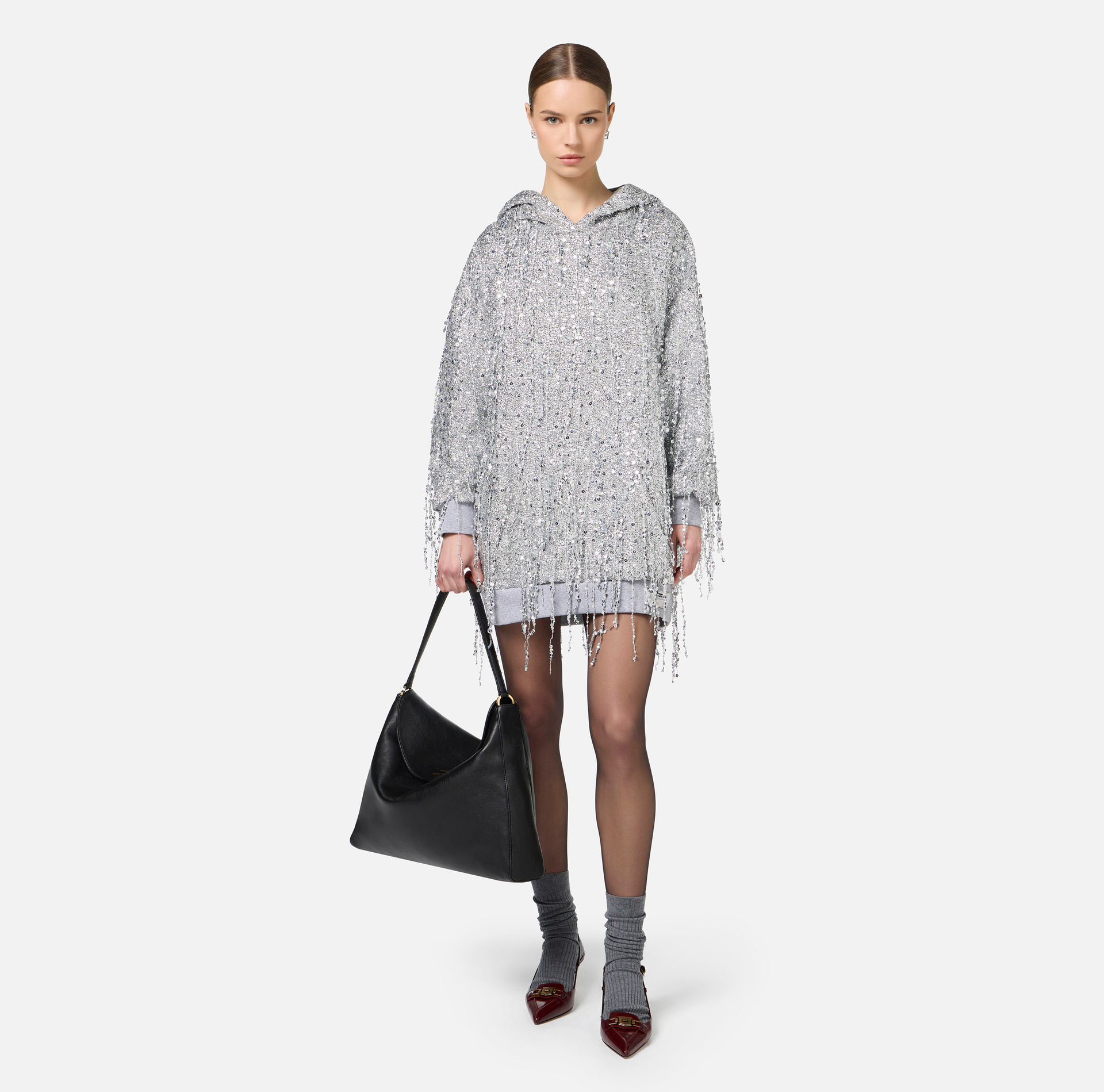 Fleece mini-dress with hood and sequin fringes | Elisabetta Franchi® Outlet
