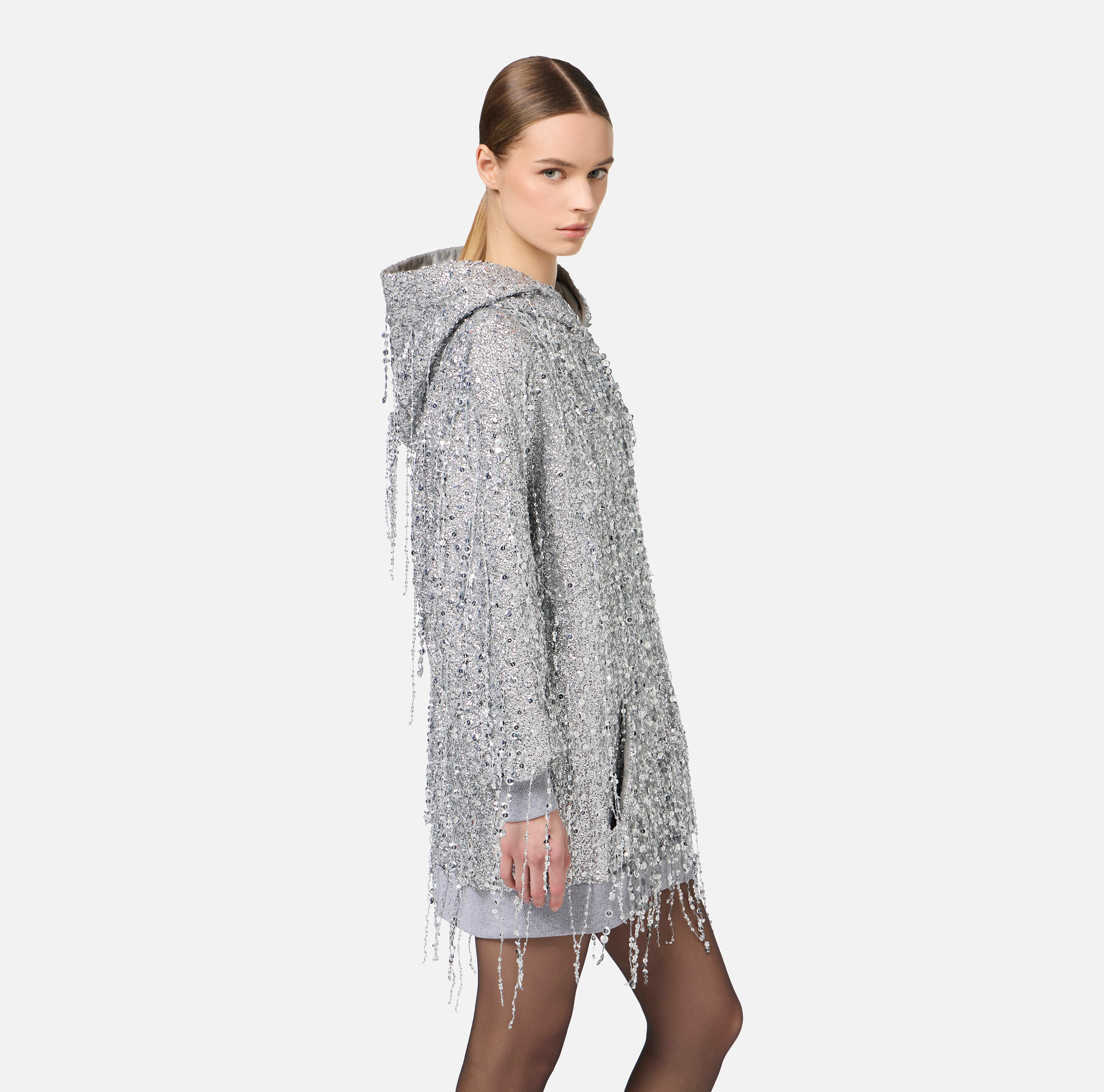 Fleece mini-dress with hood and sequin fringes | Elisabetta Franchi® Outlet