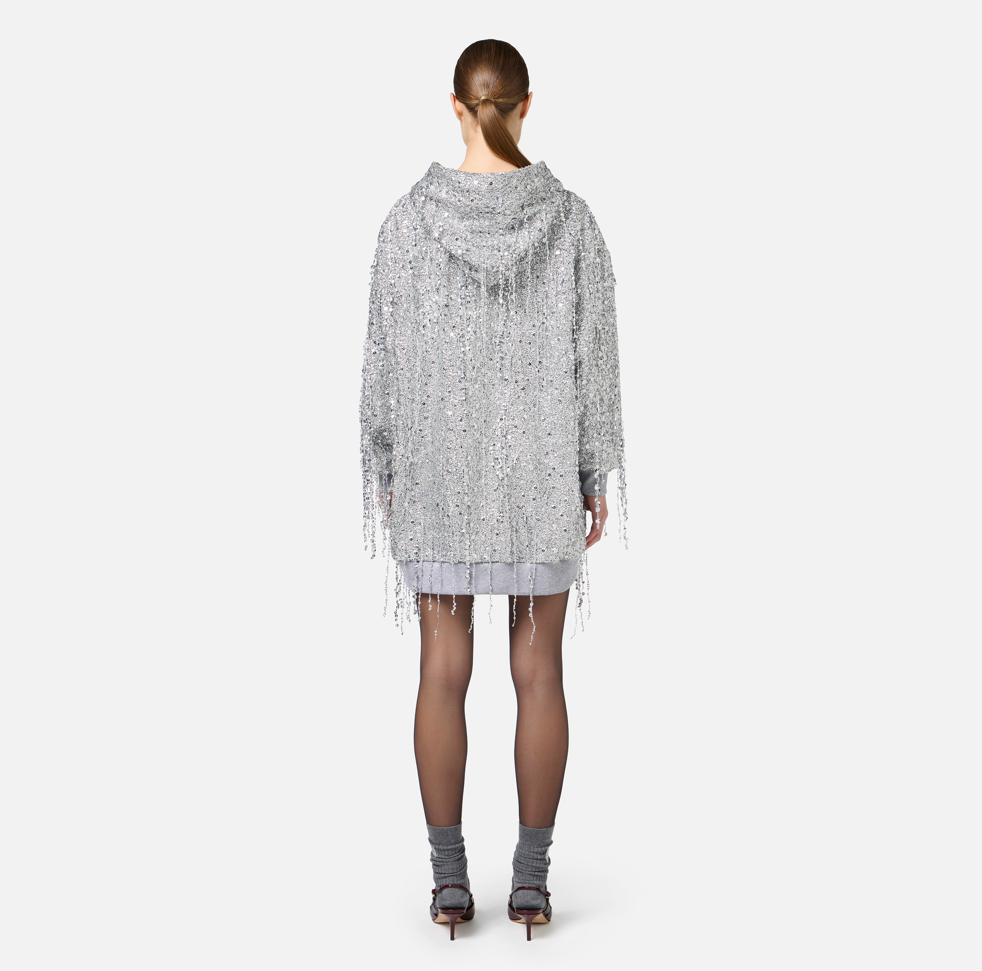 Fleece mini-dress with hood and sequin fringes | Elisabetta Franchi® Outlet