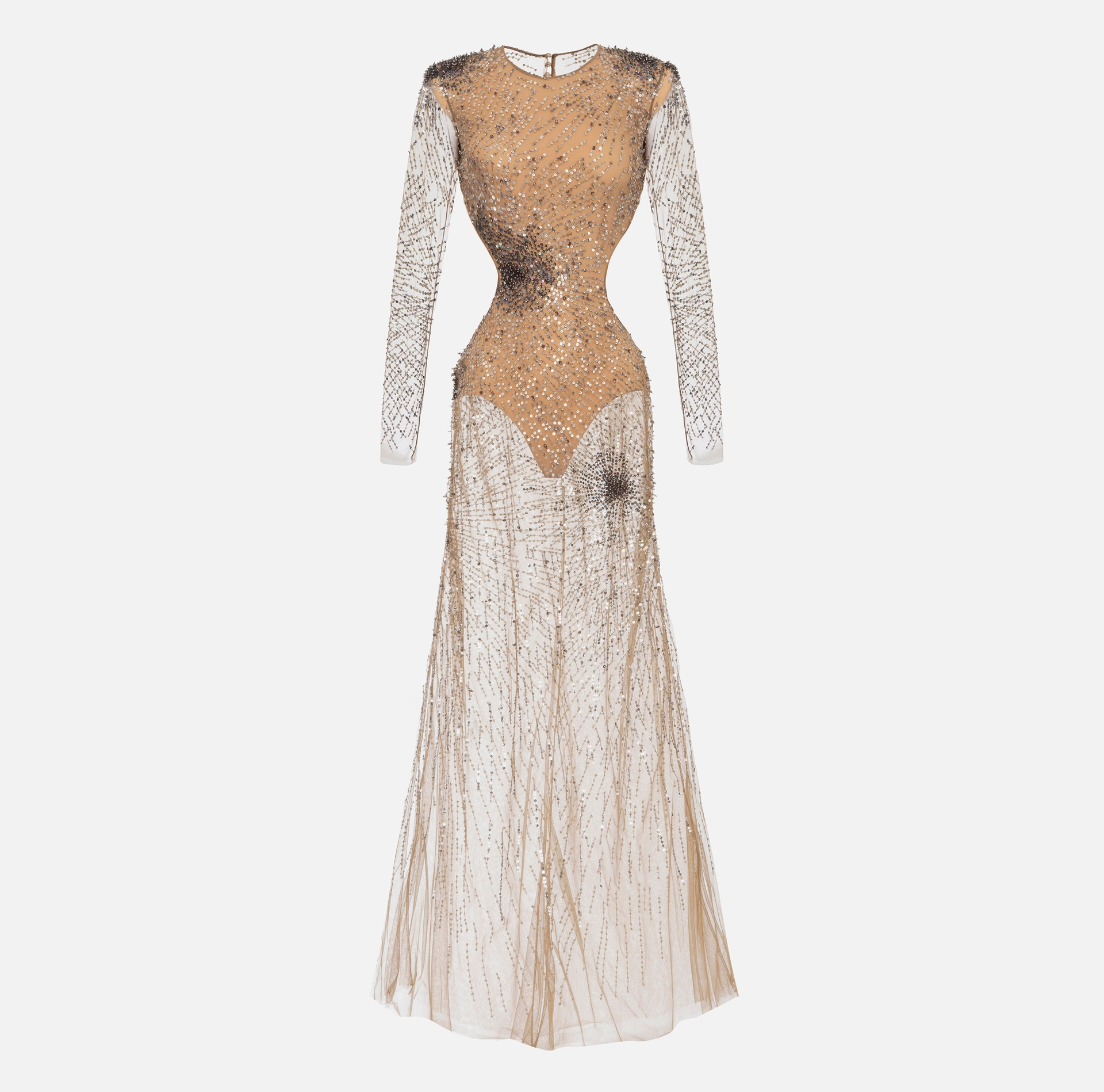 Stretch tulle red carpet dress embroidered with fireworks-effect sequins | Elisabetta Franchi® Outlet