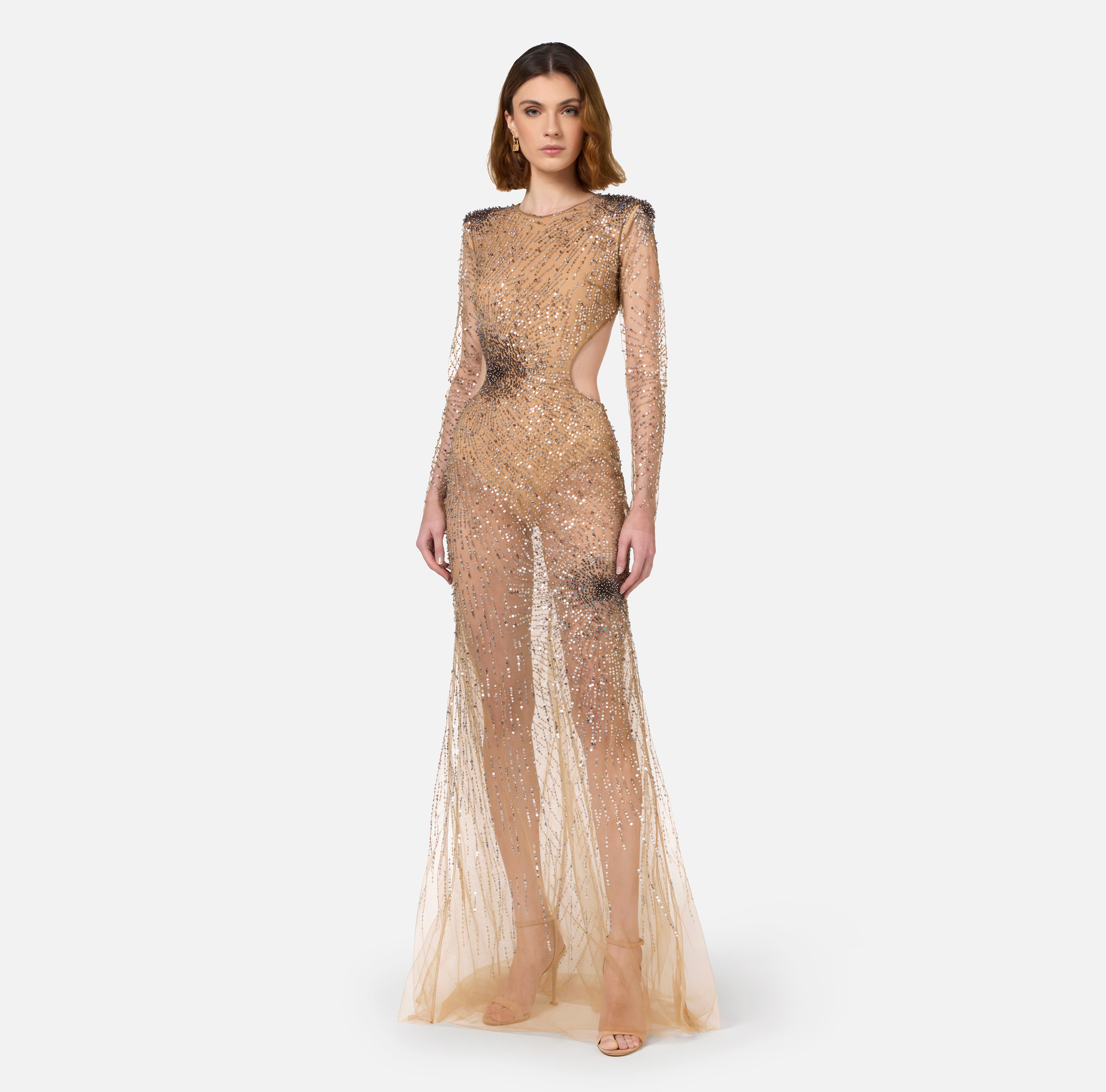 Stretch tulle red carpet dress embroidered with fireworks-effect sequins | Elisabetta Franchi® Outlet